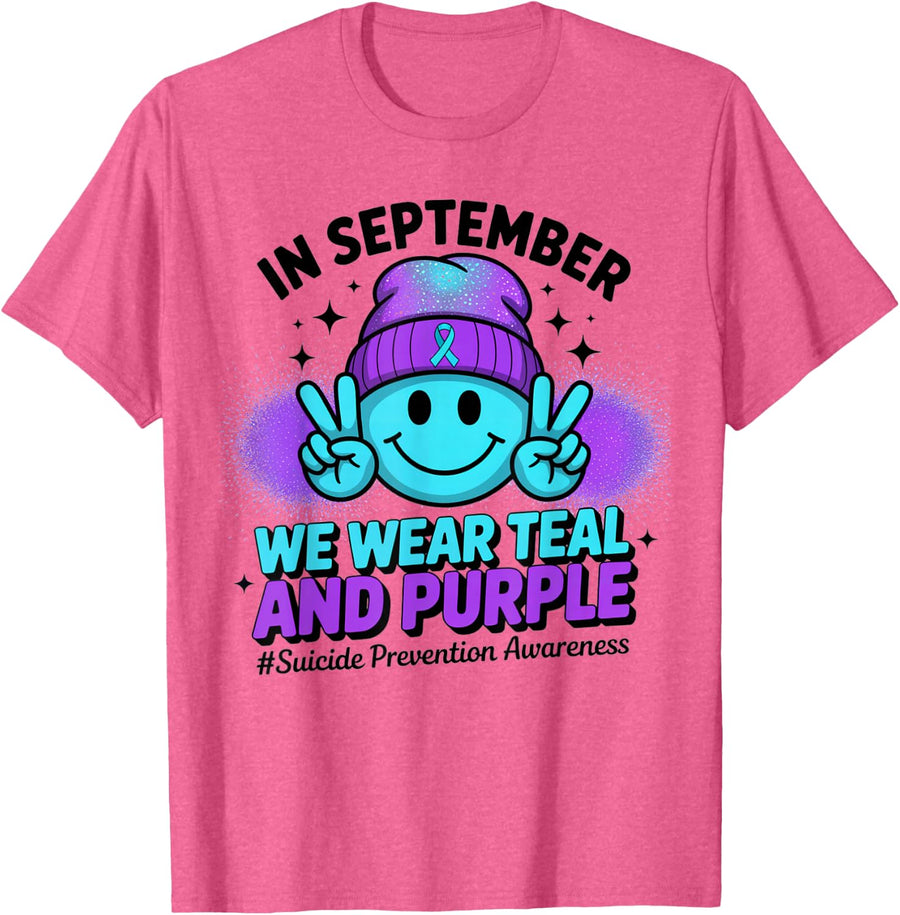 in September We Wear Teal and Purple Suicide Prevention T-Shirt - Pink Heather
