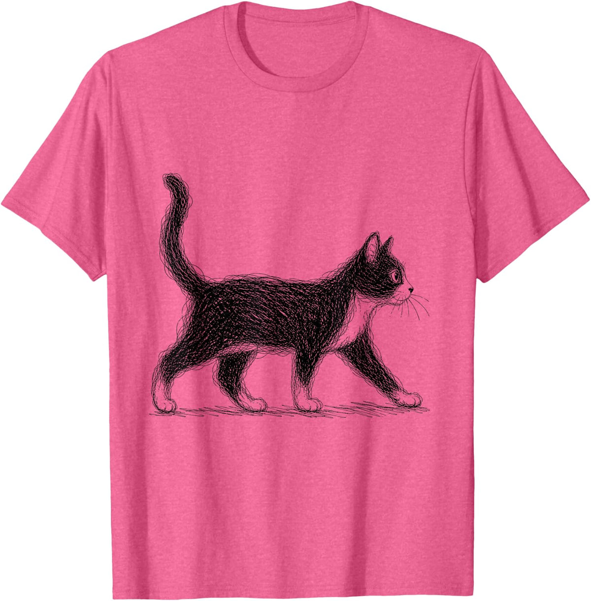 Tuxedo Cat Scribble Line Art Walking Cat Illustration T-Shirt - Pink Heather