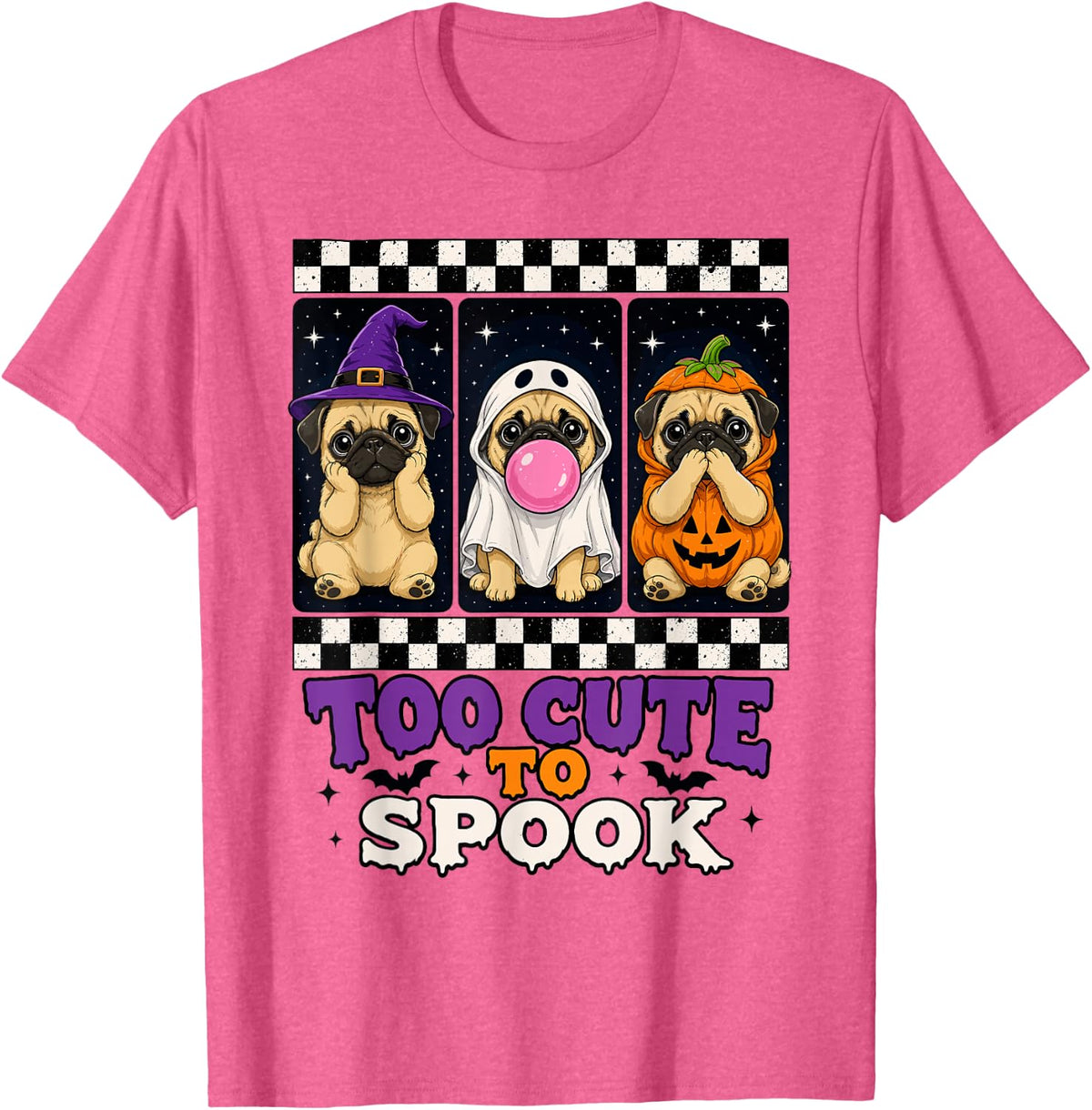 Too Cute to Spook | Cute Puppy Dog Halloween Pug T-Shirt - Pink Heather