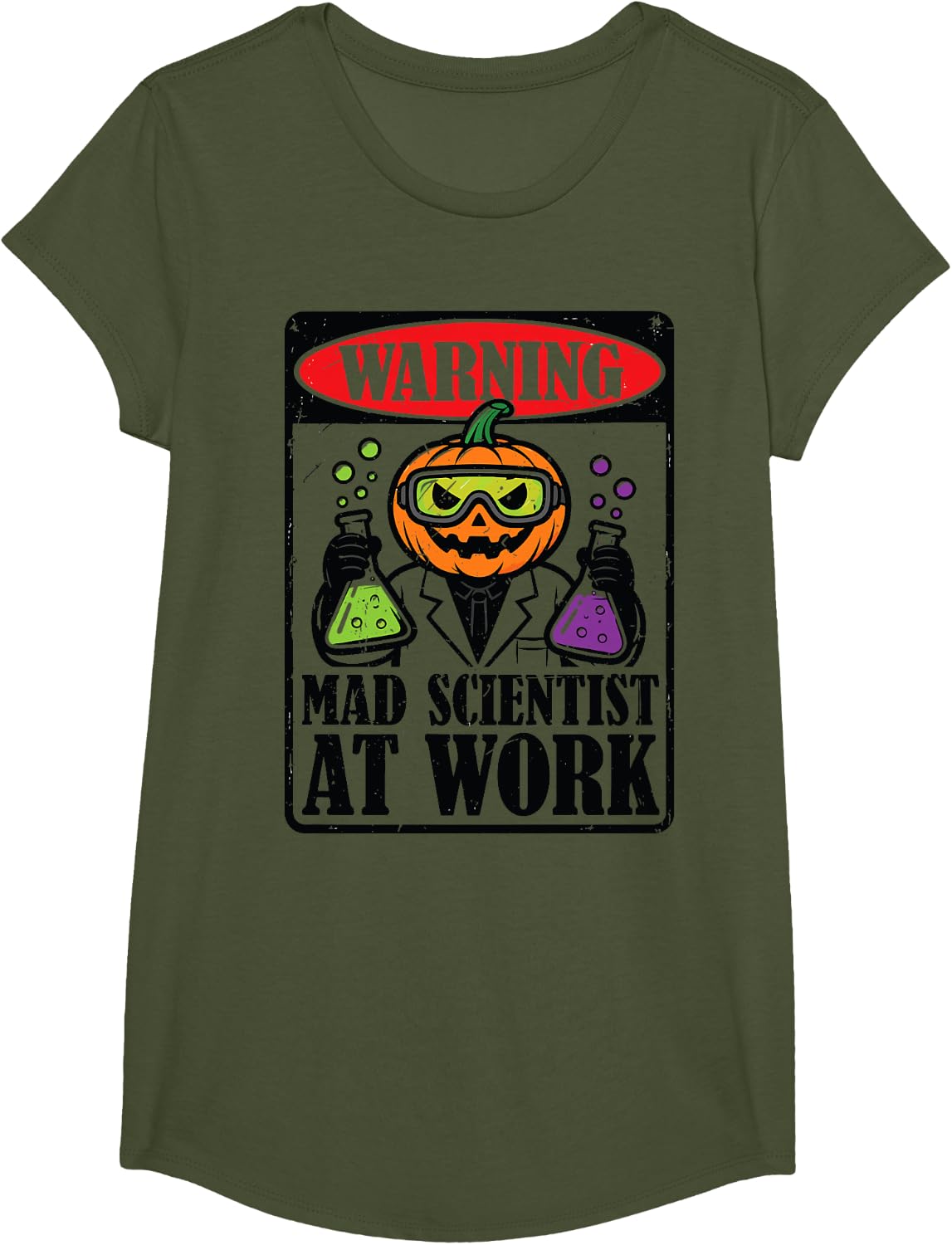 Pumpkin Science Teacher Halloween Costume Mad Scientist T-Shirt - Girls Olive Green