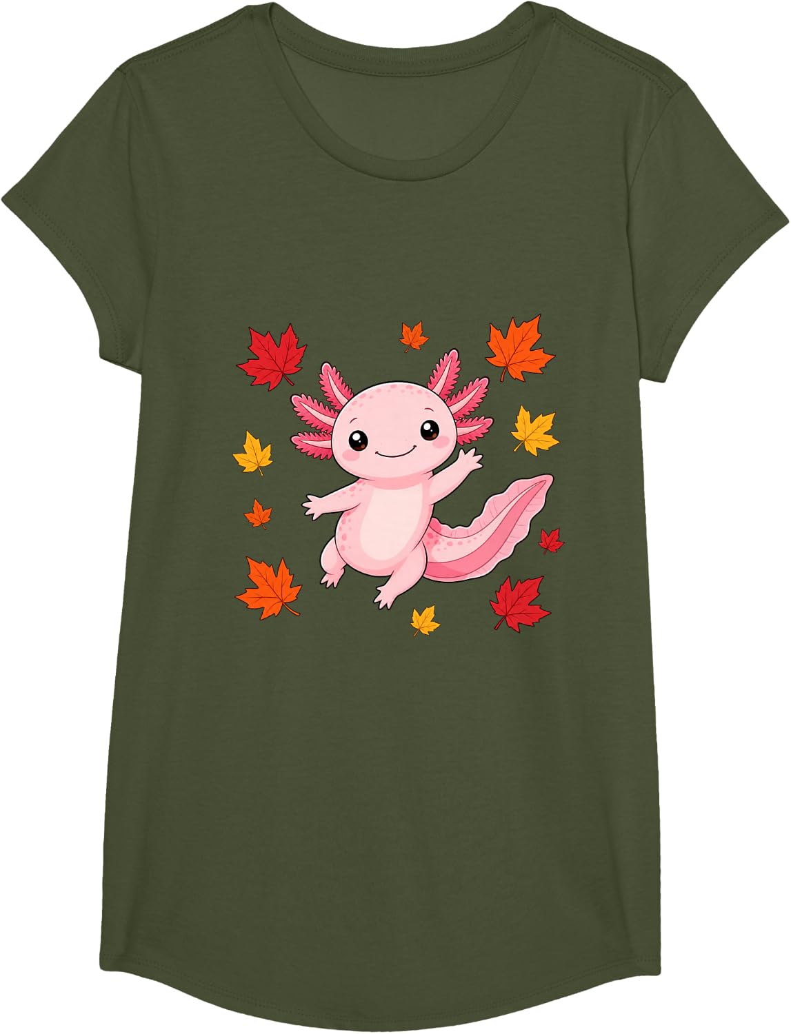Cute Pink Axolotl Fall Autumn Leaves T-Shirt - Girls Olive Green