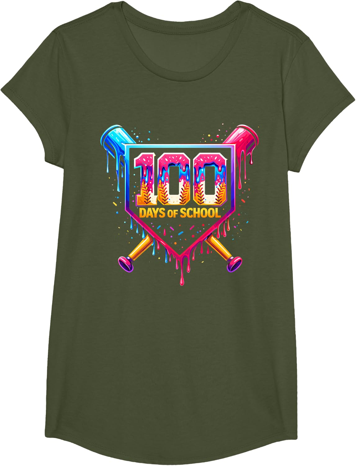 100 Days of School Boys Kids Baseball T-Shirt 100th Day Tee - Girls Olive Green