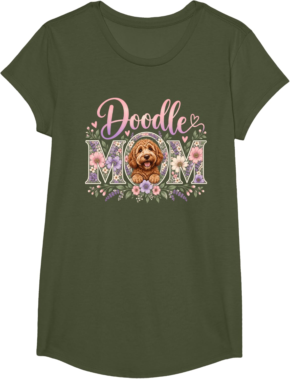 Doodle Mom Labradoodle Floral Design T-Shirt - Girls Olive Green