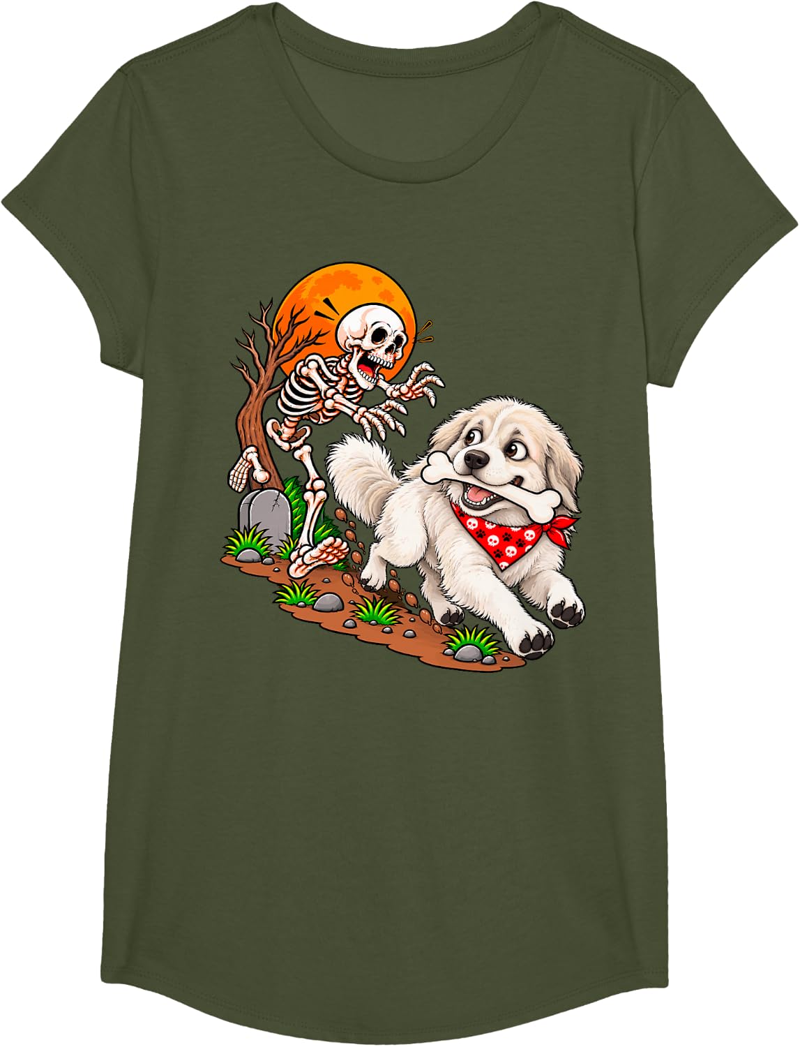 Great Pyrenees Dog Stealing Bone from Skeleton Halloween T-Shirt - Girls Olive Green