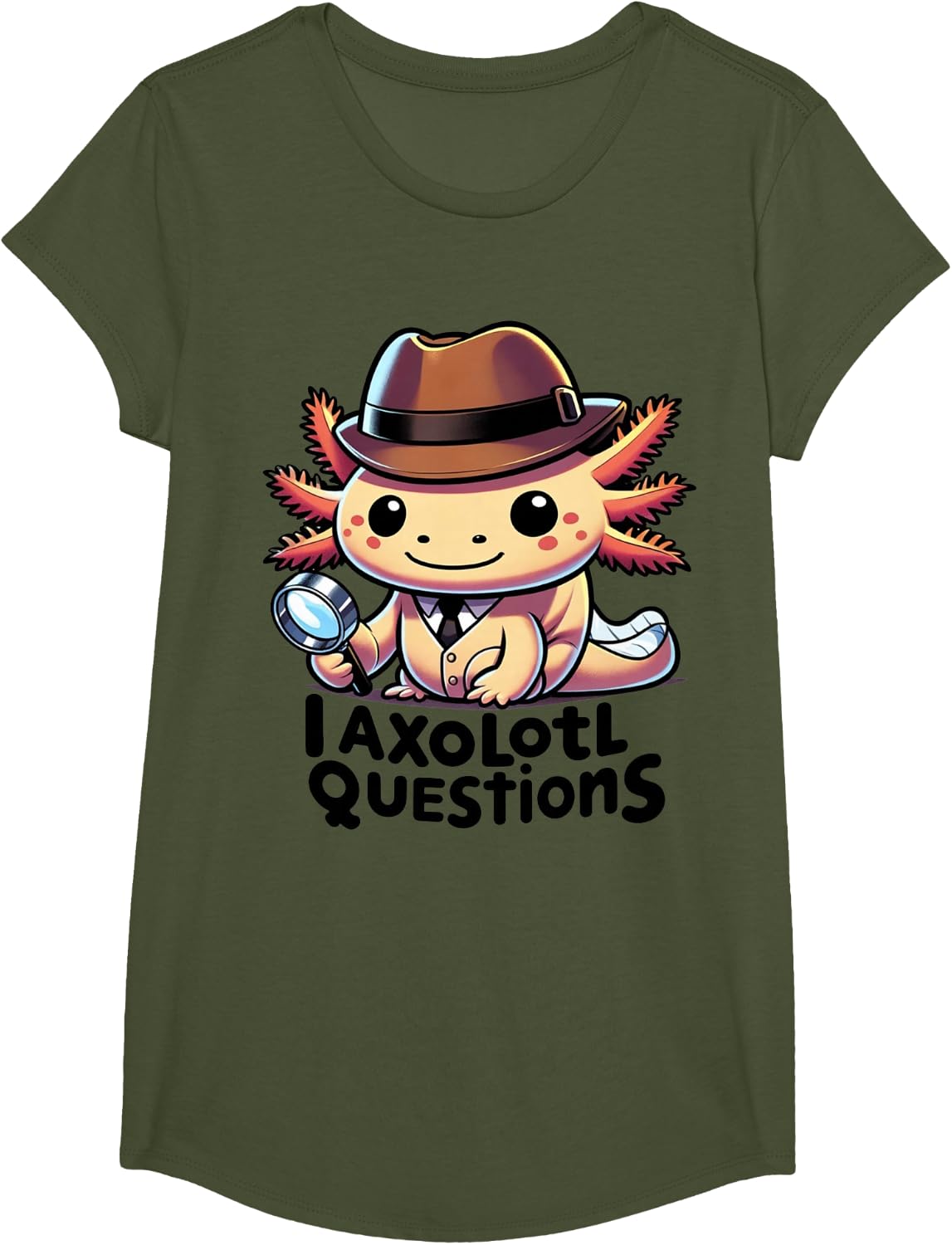 Funny I Axolotl Questions Cute And Funny Axolotl Detective T-Shirt - Girls Olive Green