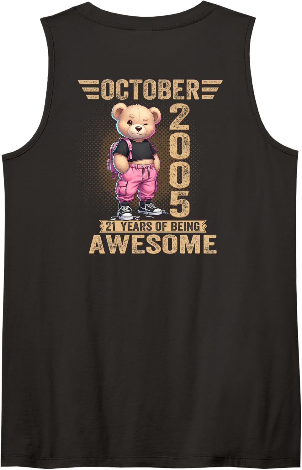 (ON Back) October 2005 21st Birthday 21 Year Teddy Bear Sleeveless Tank Top - Black
