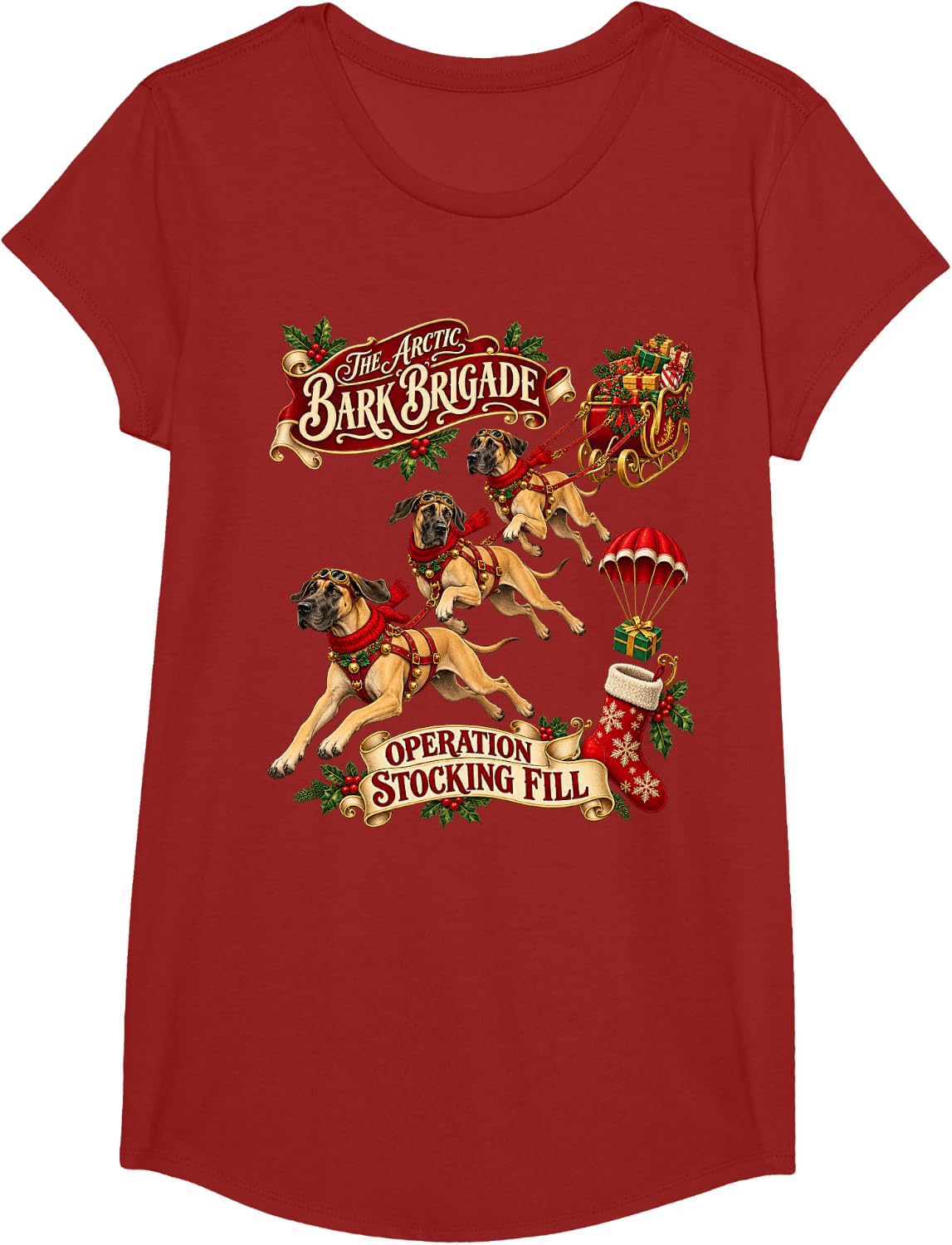 Great Dane Dog Funny Christmas Parachute T-Shirt - Girls Cranberry Red