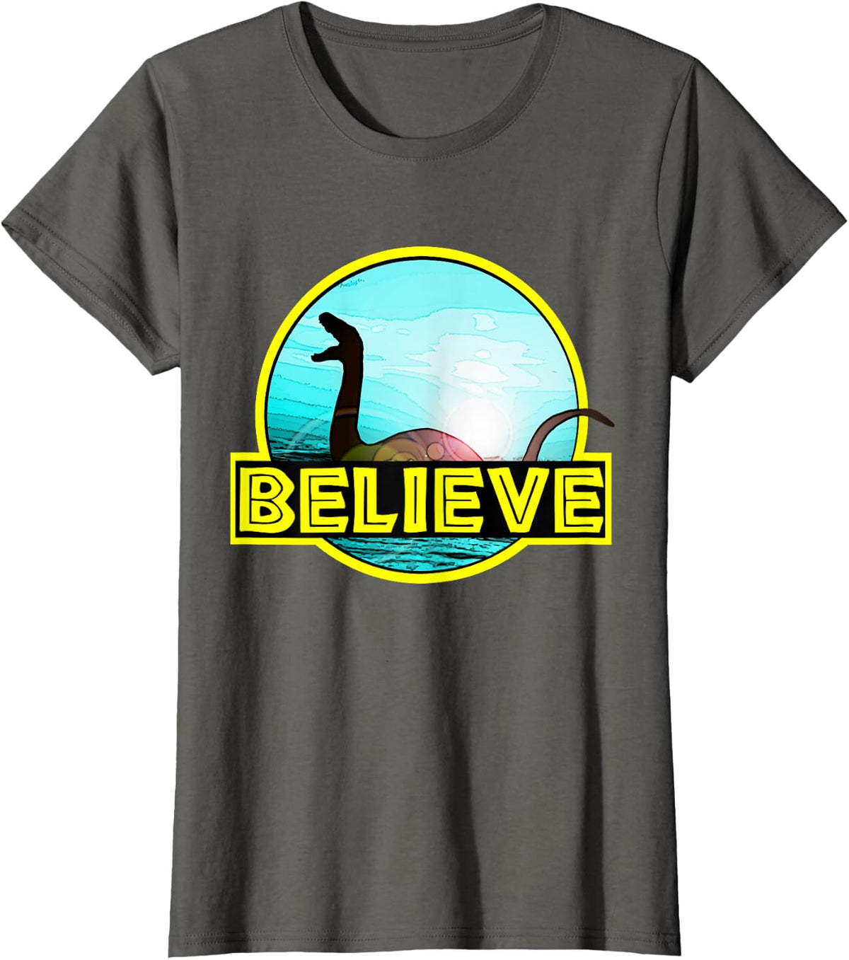 Believe Sea Monsters Ocean Plesiosaur Dinosaur Nessie Champ T-Shirt - Asphalt Grey