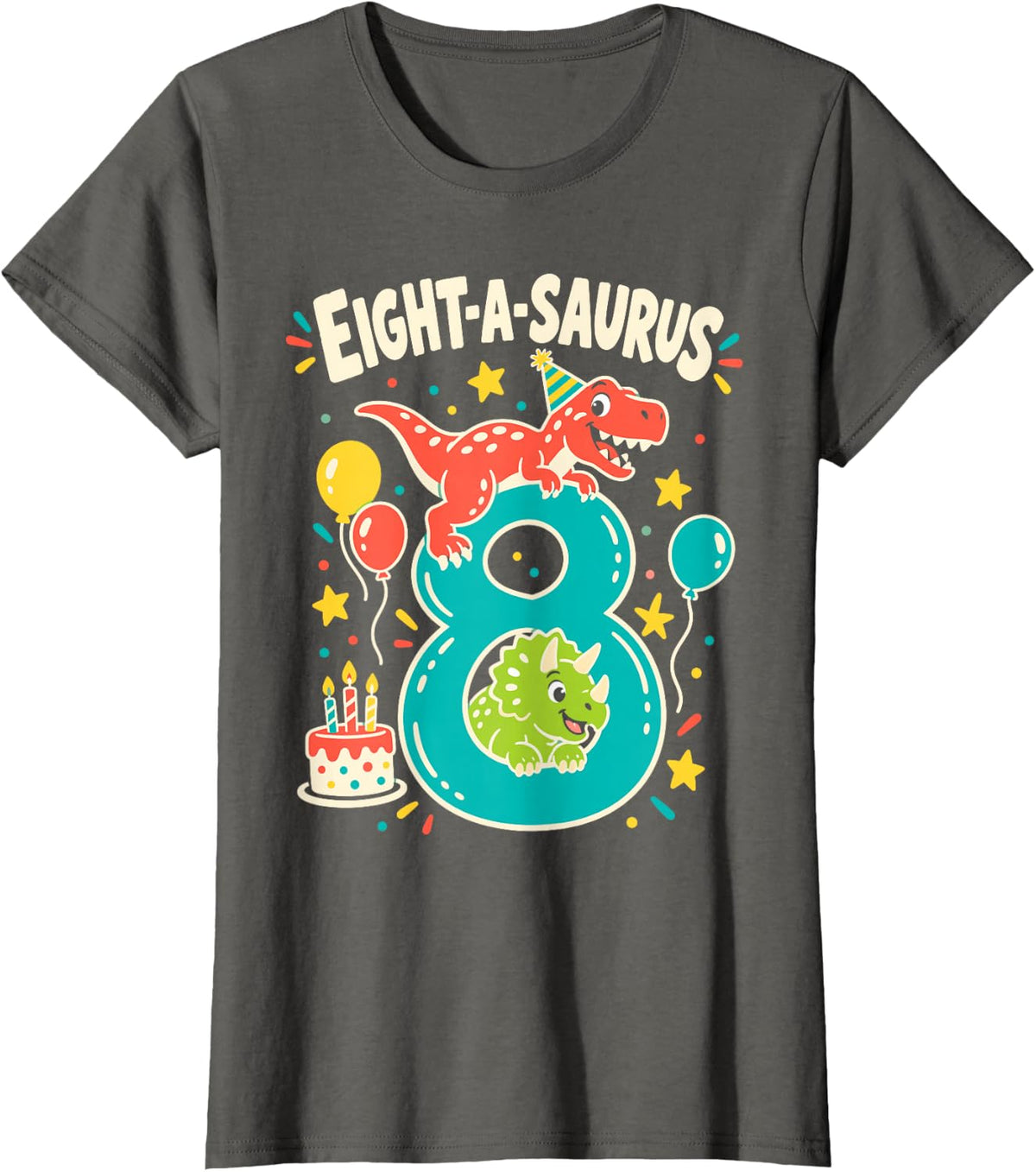 8th Birthday Eight-A-Saurus Dinosaur Dino Lover Boys Girls T-Shirt - Asphalt Grey