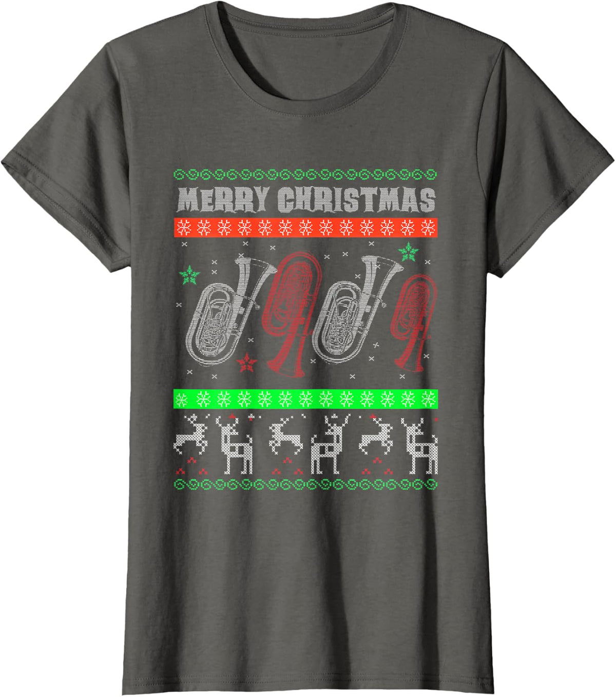 Baritone Euphonium Marching Band Ugly Christmas Sweater T-Shirt - Asphalt Grey