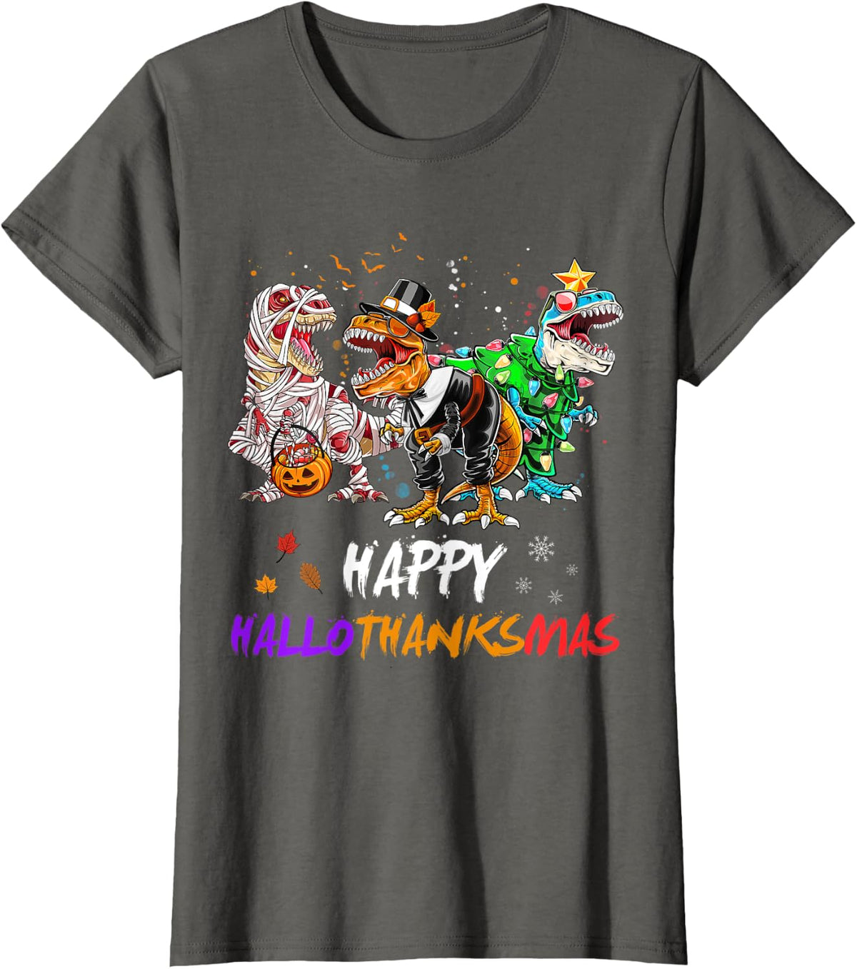 Dinosaur T Rex Happy Hallothanksmas Halloween Kids Boys T-Shirt - Asphalt Grey