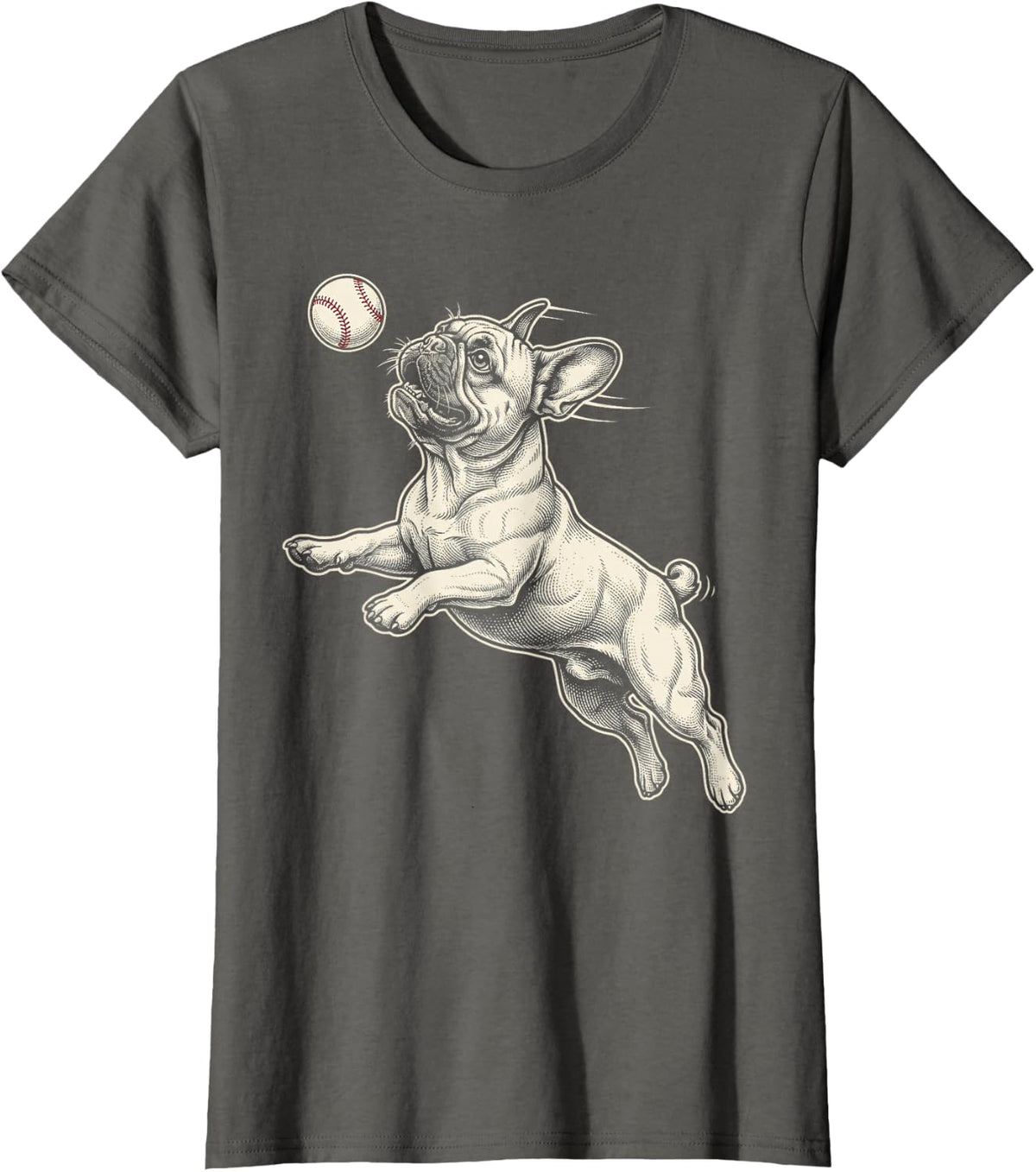 Frenchie Playing Baseball French Bulldog T-Shirt - Asphalt Grey
