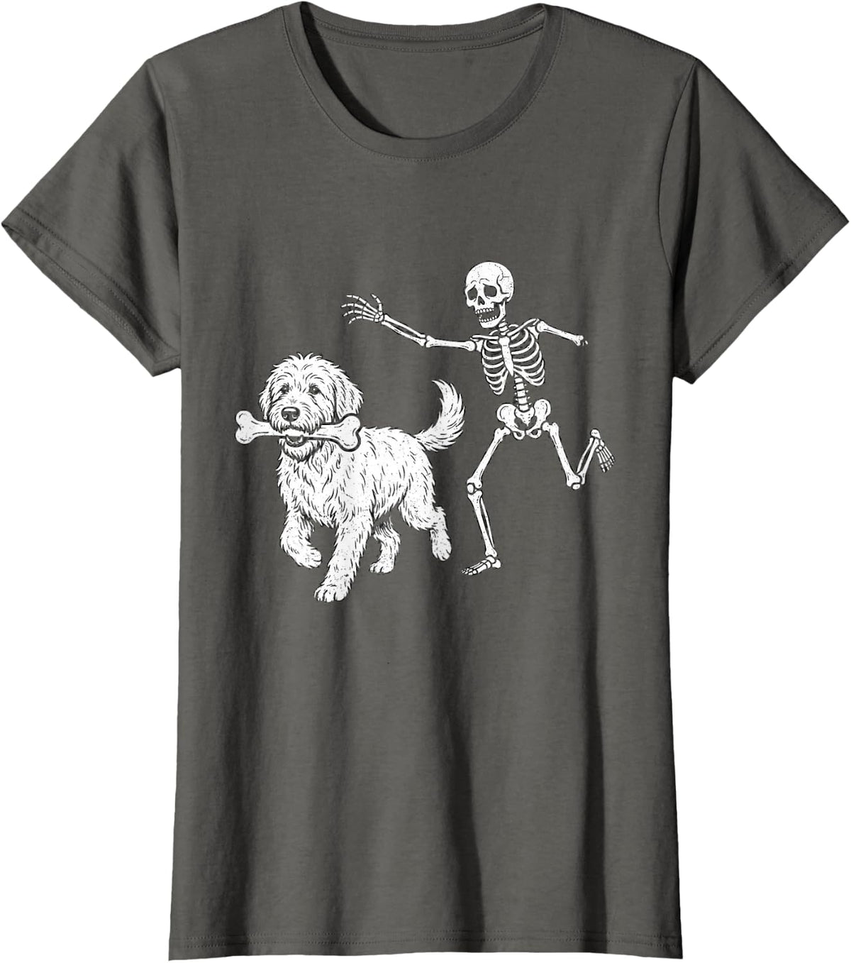 Goldendoodle Stealing Bone from Skeleton Funny Halloween Dog T-Shirt - Asphalt Grey