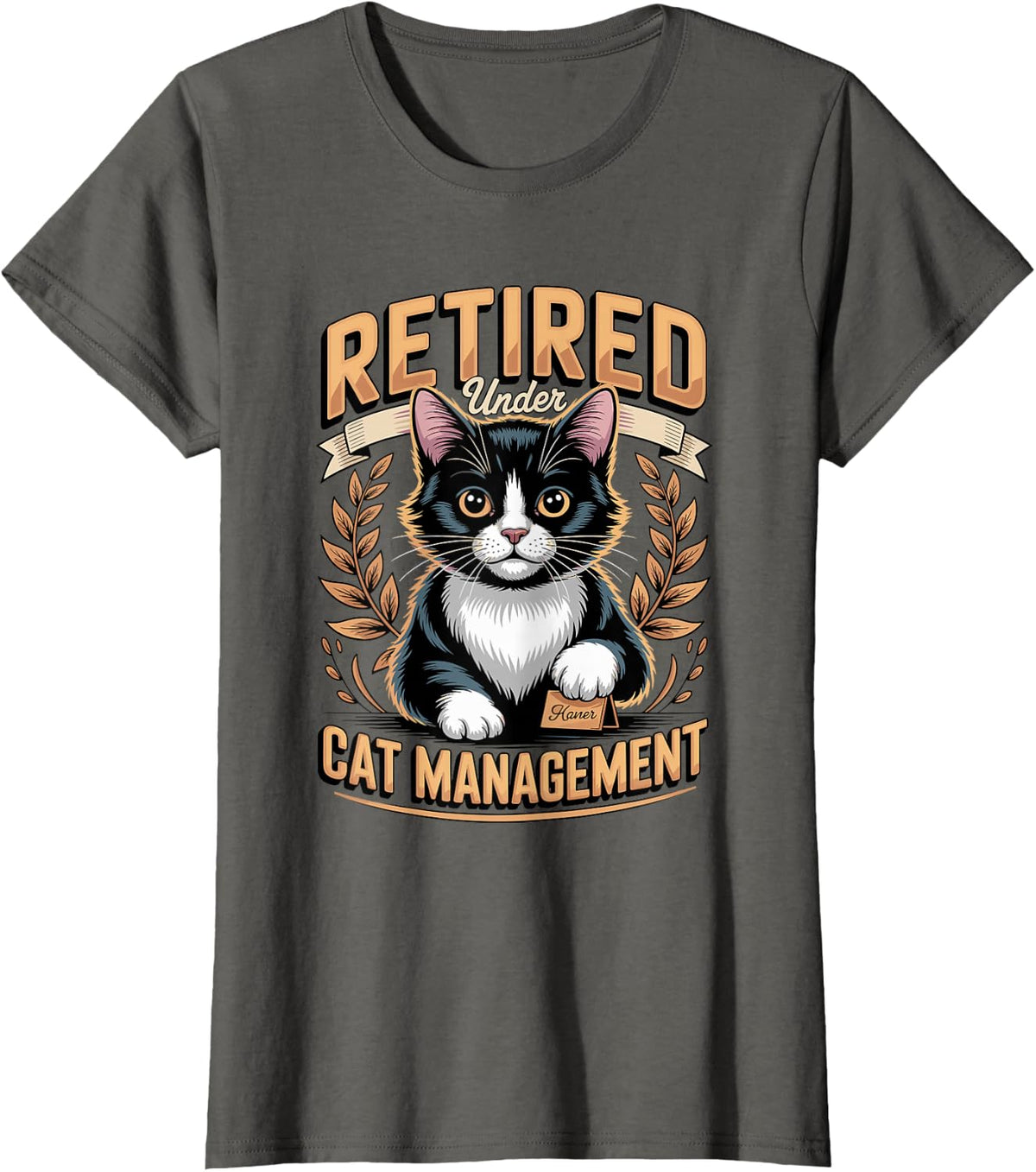 Retired Under Cat Management Tuxedo Cat Lover T-Shirt - Asphalt Grey