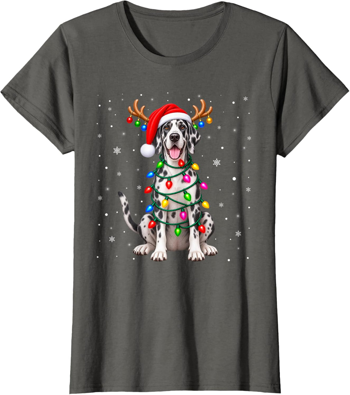 Great Dane Christmas Tree Lights Sweater Xmas Pet Dogs T-Shirt - Asphalt Grey