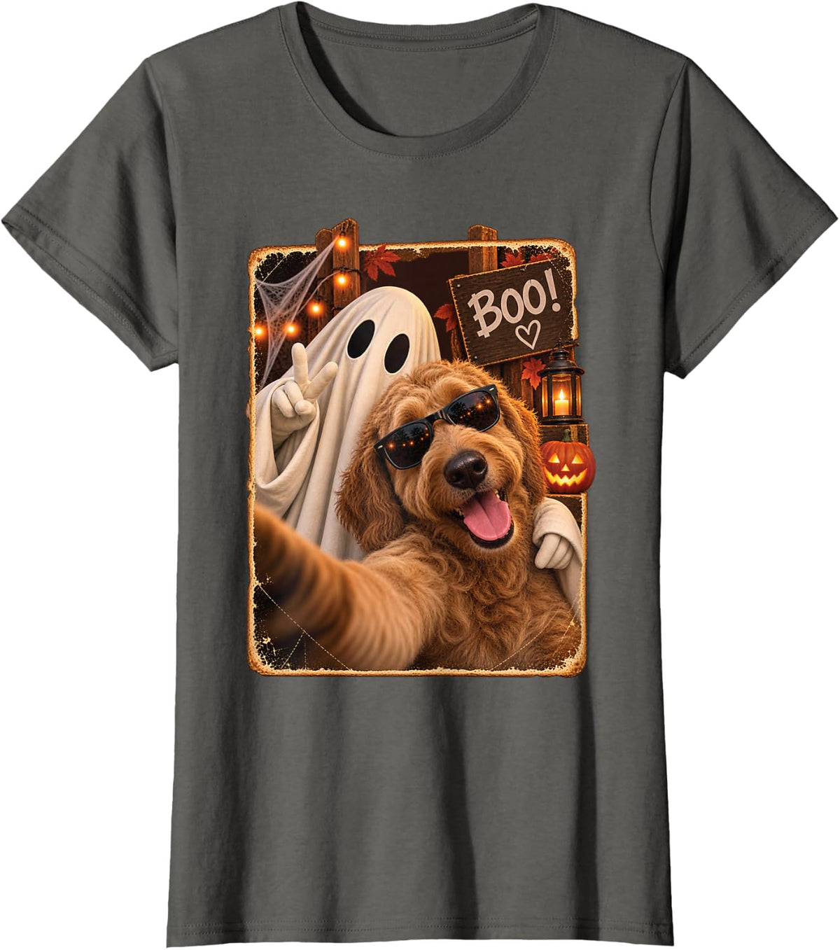 Labradoodle Halloween Dog Ghost Selfie Fun Spooky Pet Family T-Shirt - Asphalt Grey