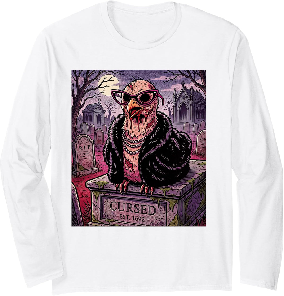 Chicken Hen Rooster Crazy Spooky Scary Zombie Farmer Farm Long Sleeve T-Shirt - Adult Unisex White