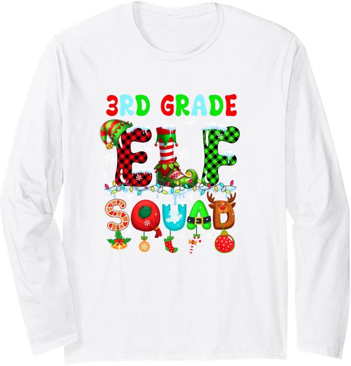 3rd Grade Elf Squad Christmas Colorful Teacher Students Team Long Sleeve T-Shirt - Adult Unisex White
