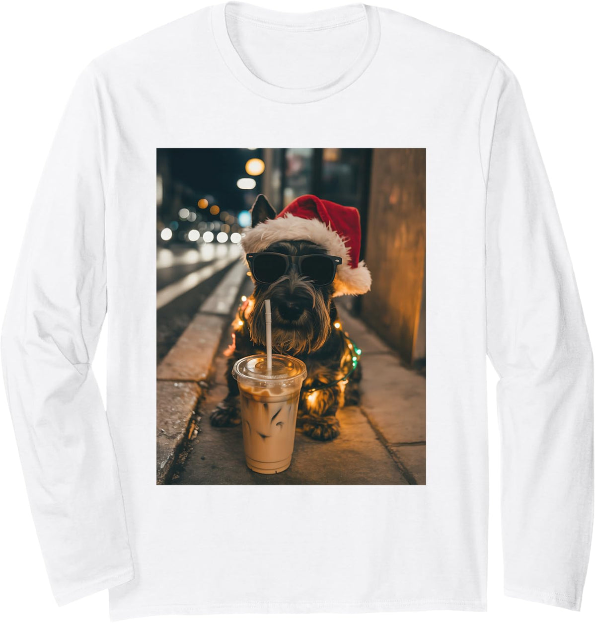 Scottish Terrier Drinking Iced Coffee Santa Christmas Long Sleeve T-Shirt - Adult Unisex White