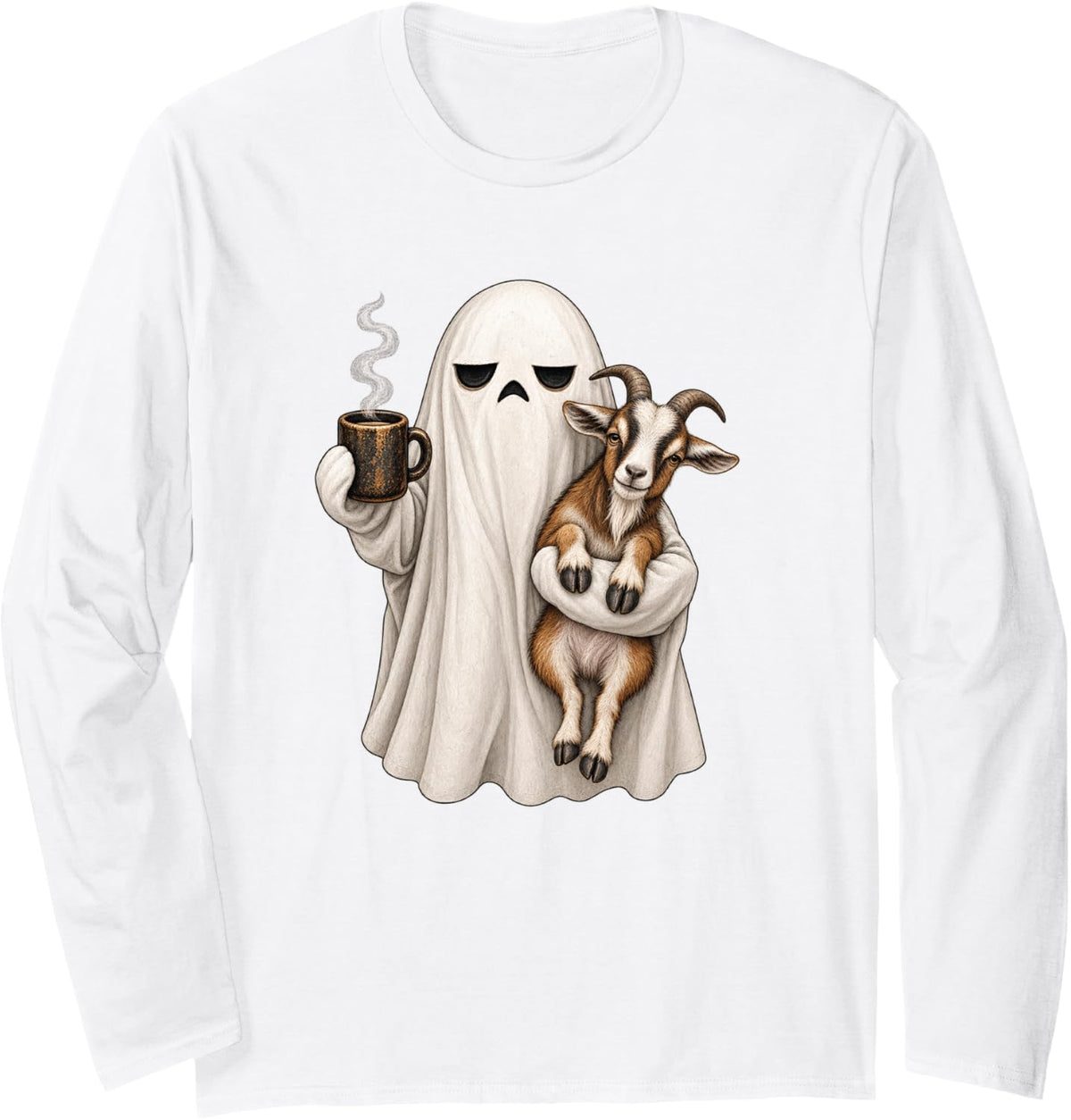 Halloween Goat Ghost Long Sleeve T-Shirt - Adult Unisex White
