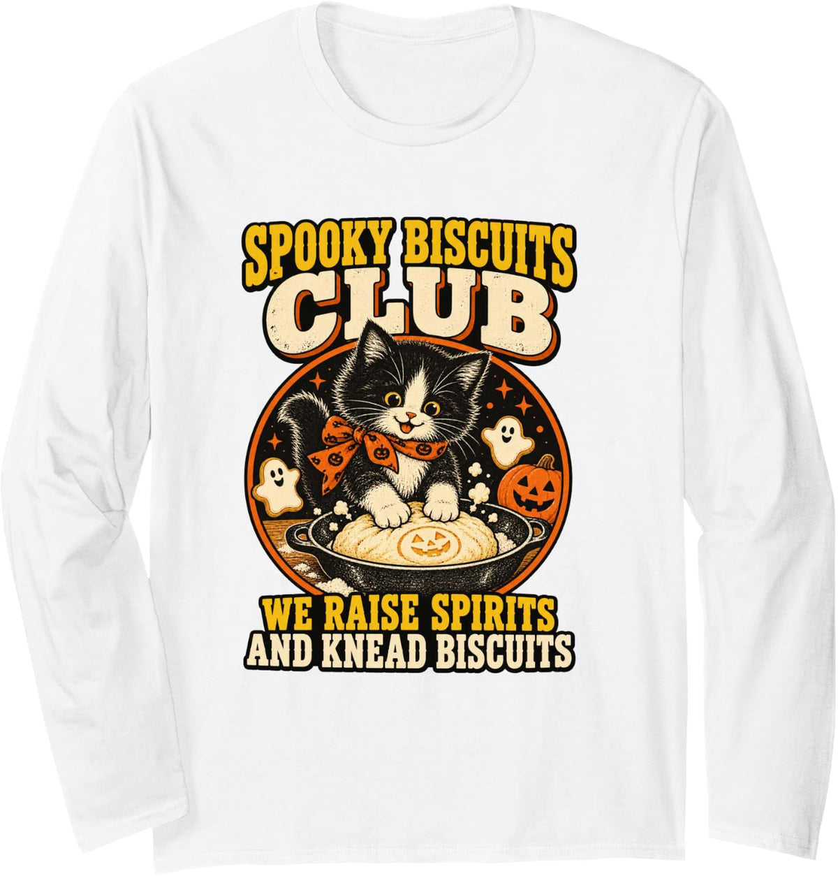 Cute Tuxedo Cat Halloween Baker - Spooky Biscuits Club Long Sleeve T-Shirt - Adult Unisex White