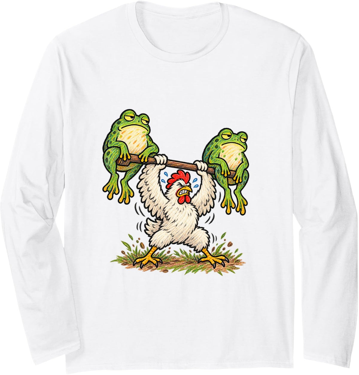 Chicken Weightlifting with Frog Funny Animal Meme Long Sleeve T-Shirt - Adult Unisex White