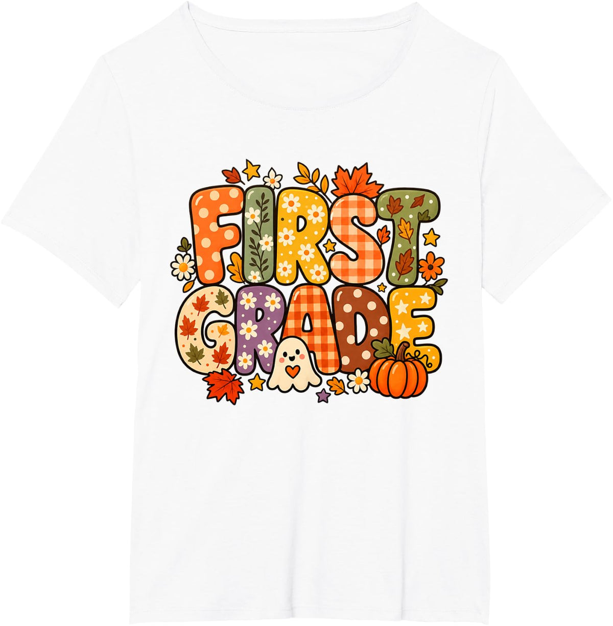 First Grade Fall Patchwork Teacher Autumn 1st Grade Kids T-Shirt - White