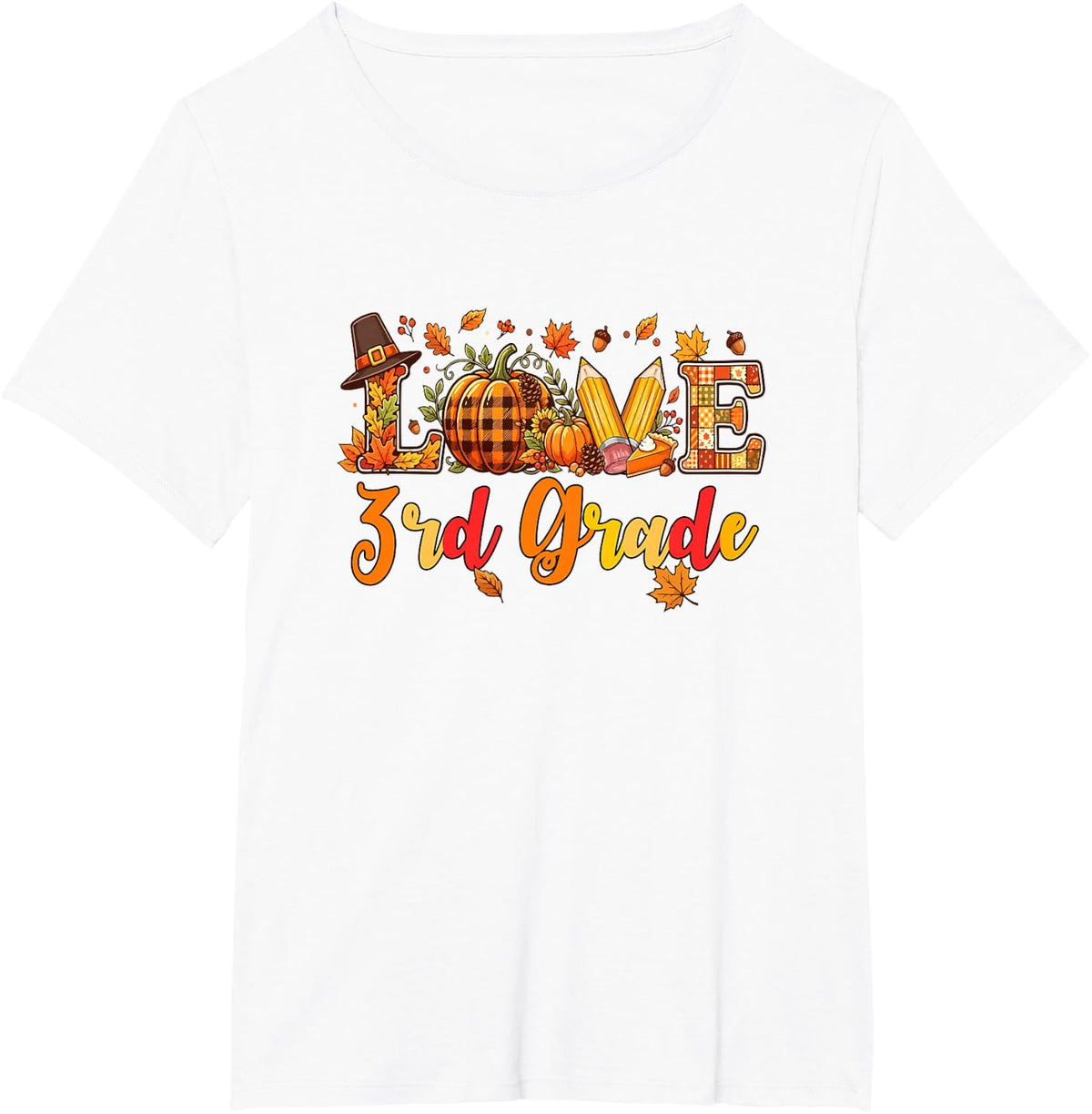 Love 3rd Grade Thanksgiving Fall Leaves Pumpkins Students T-Shirt - White