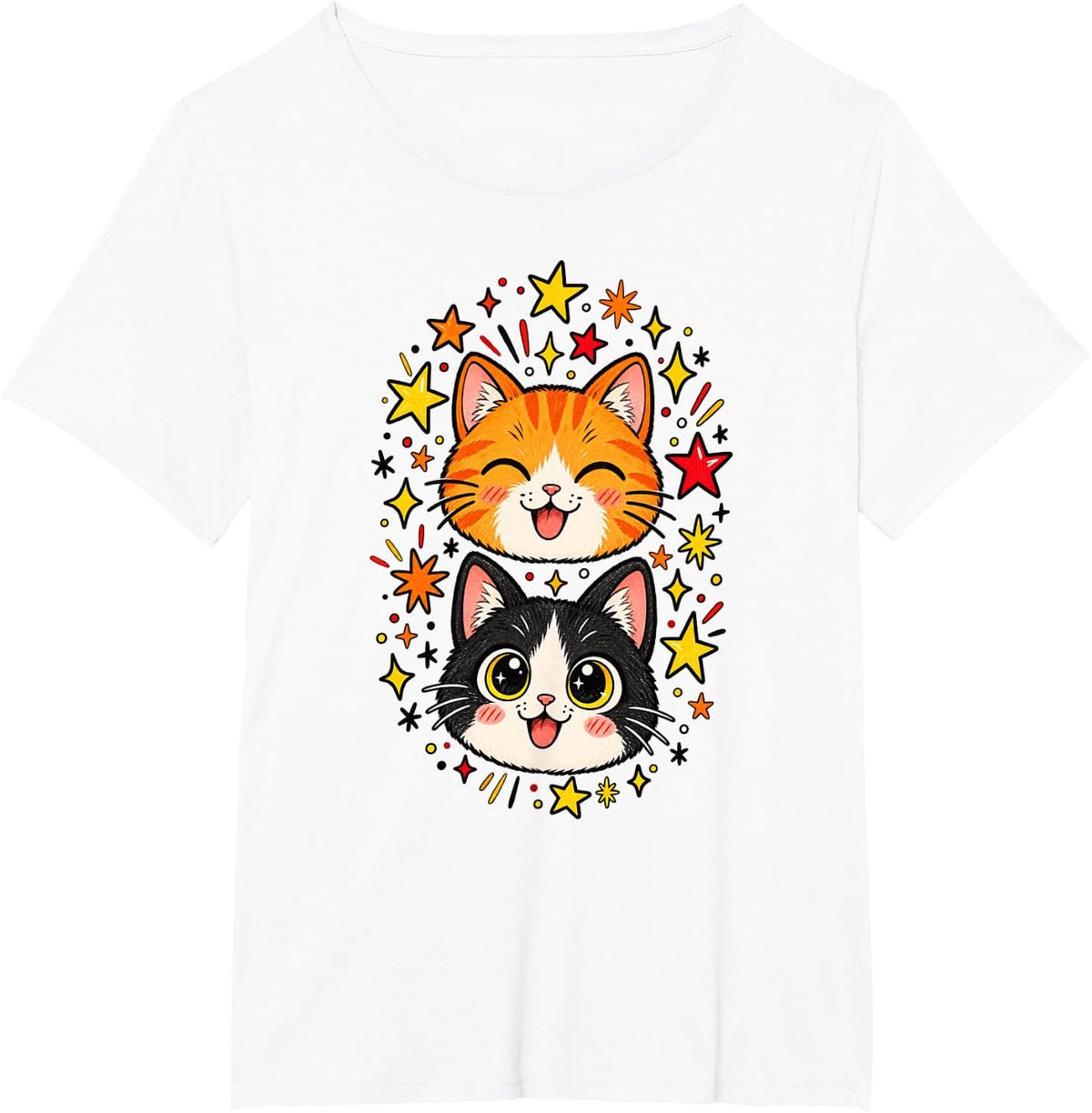Cute Kawaii Cats Kitten Tabby Tuxedo Stars T-Shirt - White