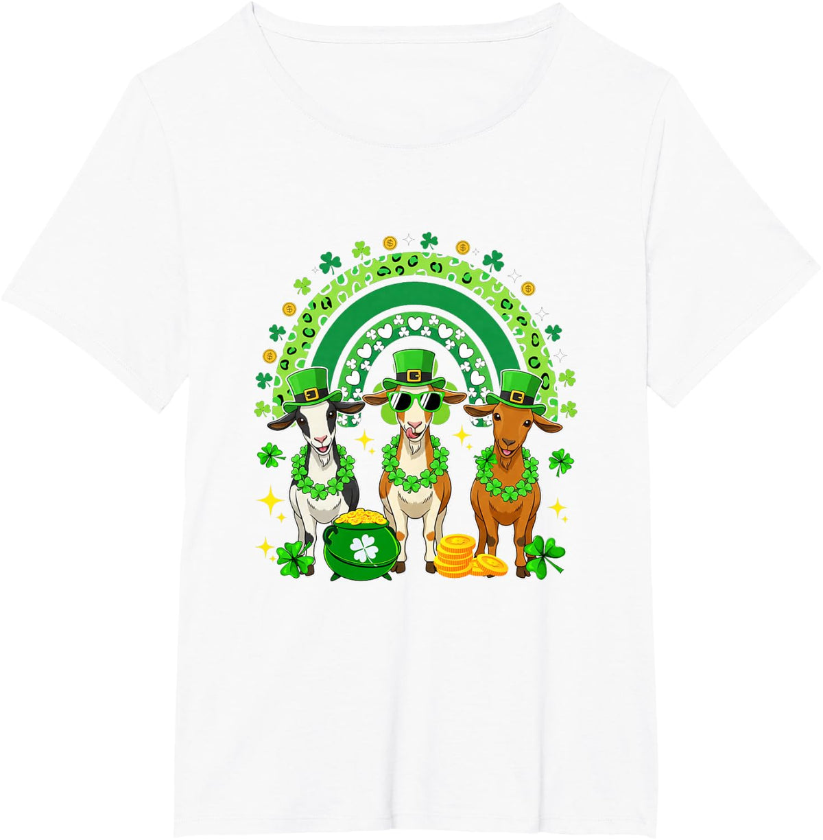 Three Cute Goats St. Patrick's Day Shamrocks Rainbow T-Shirt - White