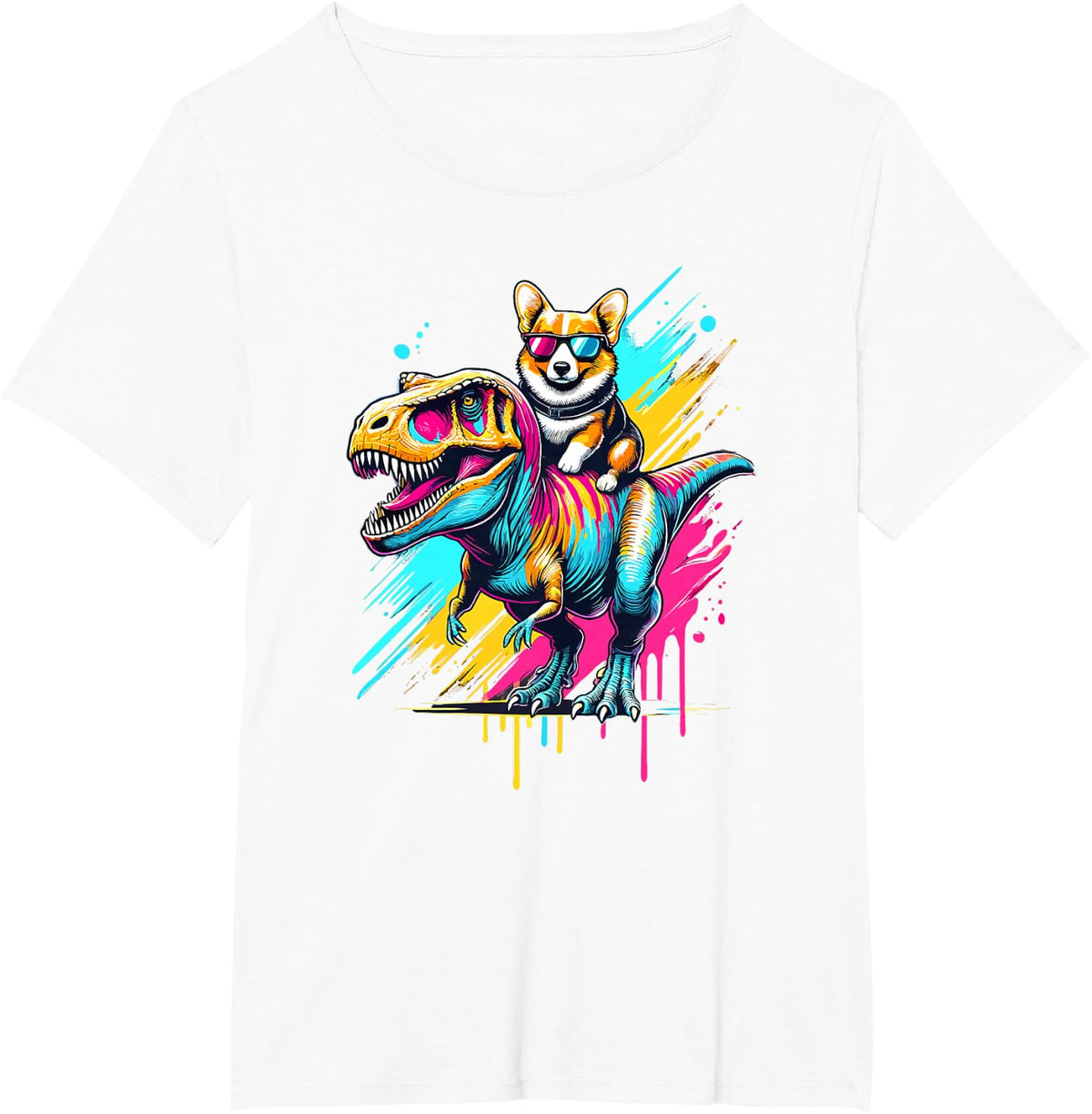 Splash Art Dinosaur T-Rex Welsh Corgi Tyrannosaurus Rex T-Shirt - White