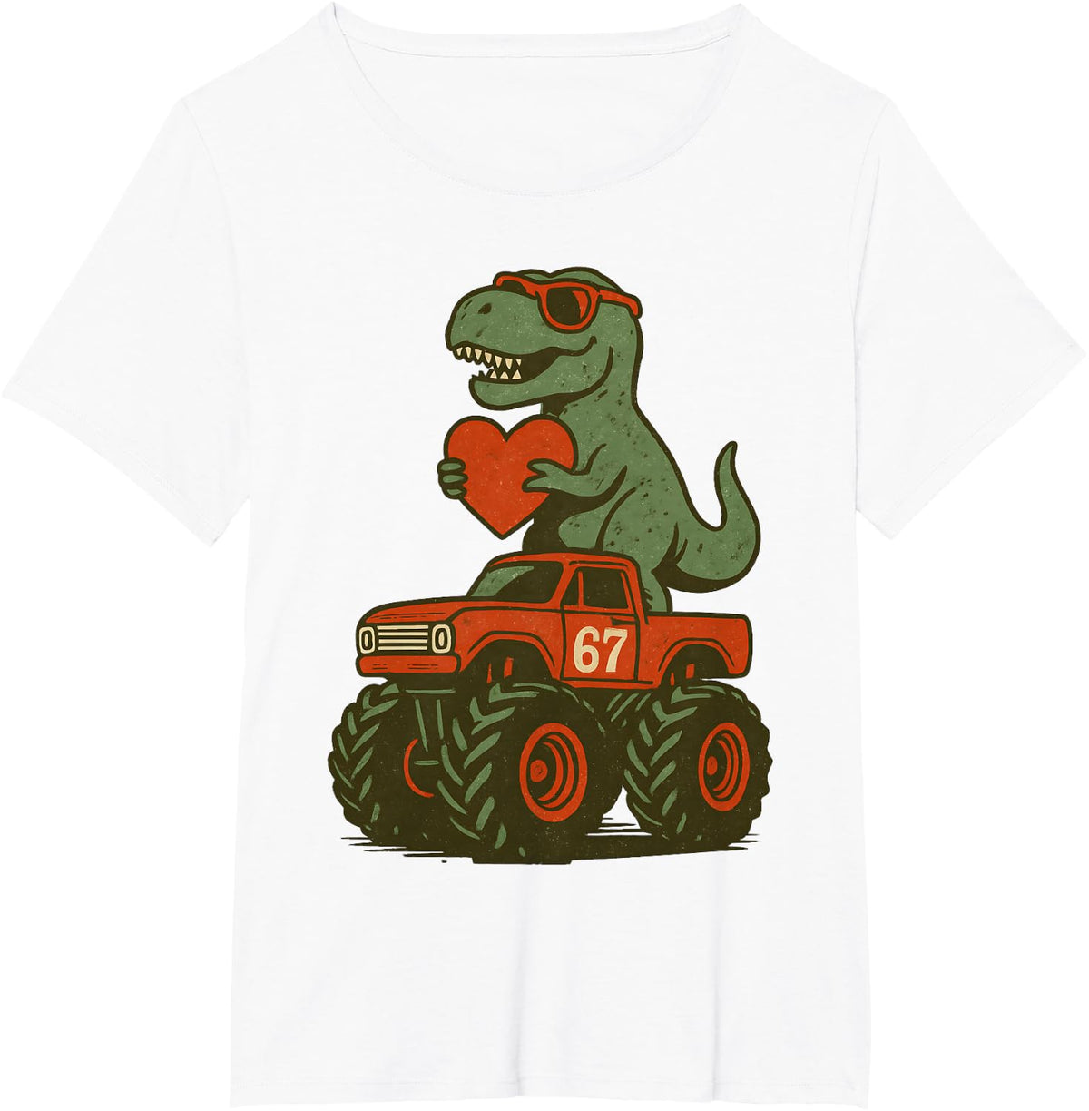 Valentines Day Trex 67 Meme Dinosaur 6 7 Dino Riding Truck T-Shirt - White