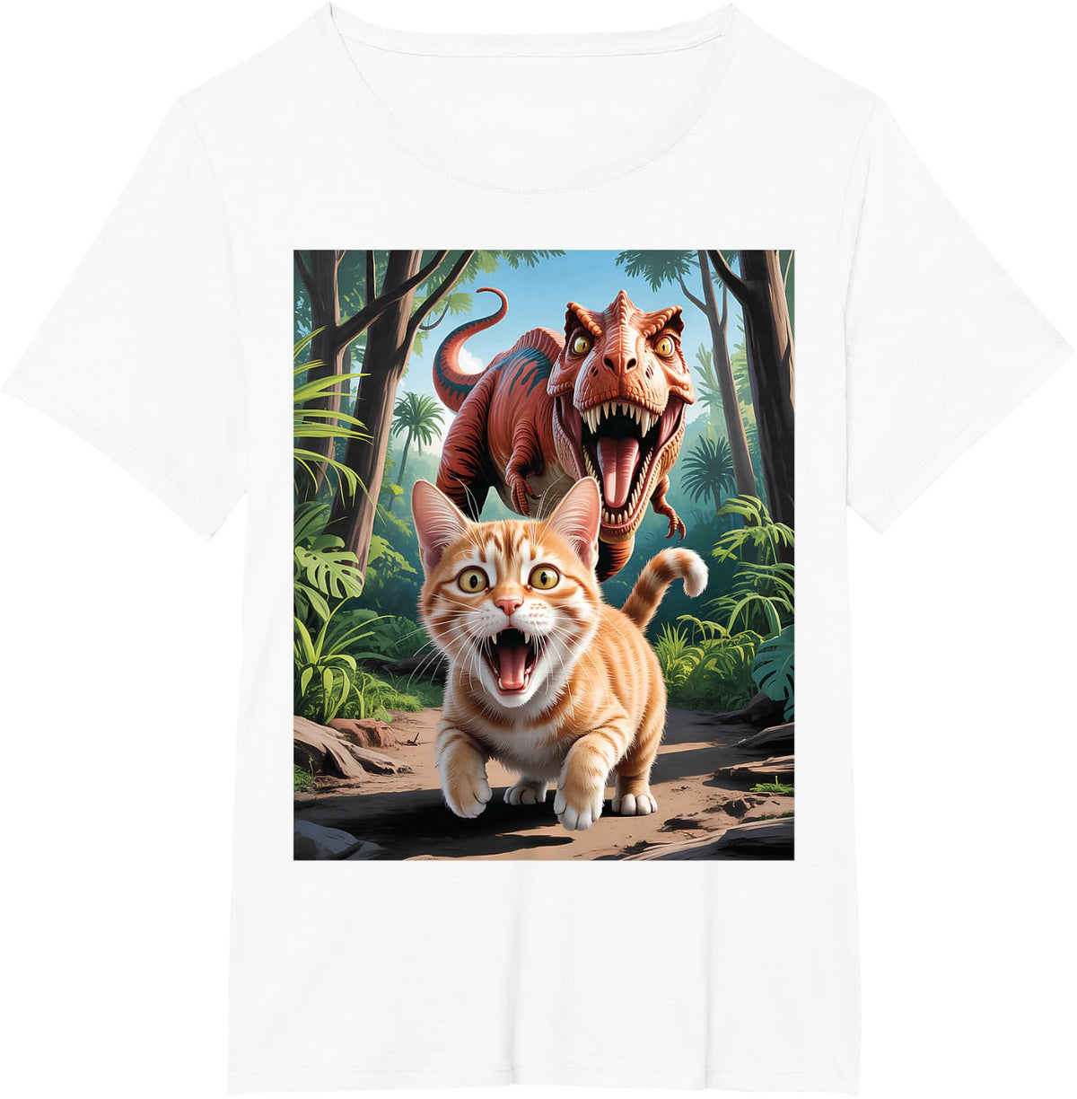Funny Cat Selfie with Trex Dinosaur T-Shirt - White