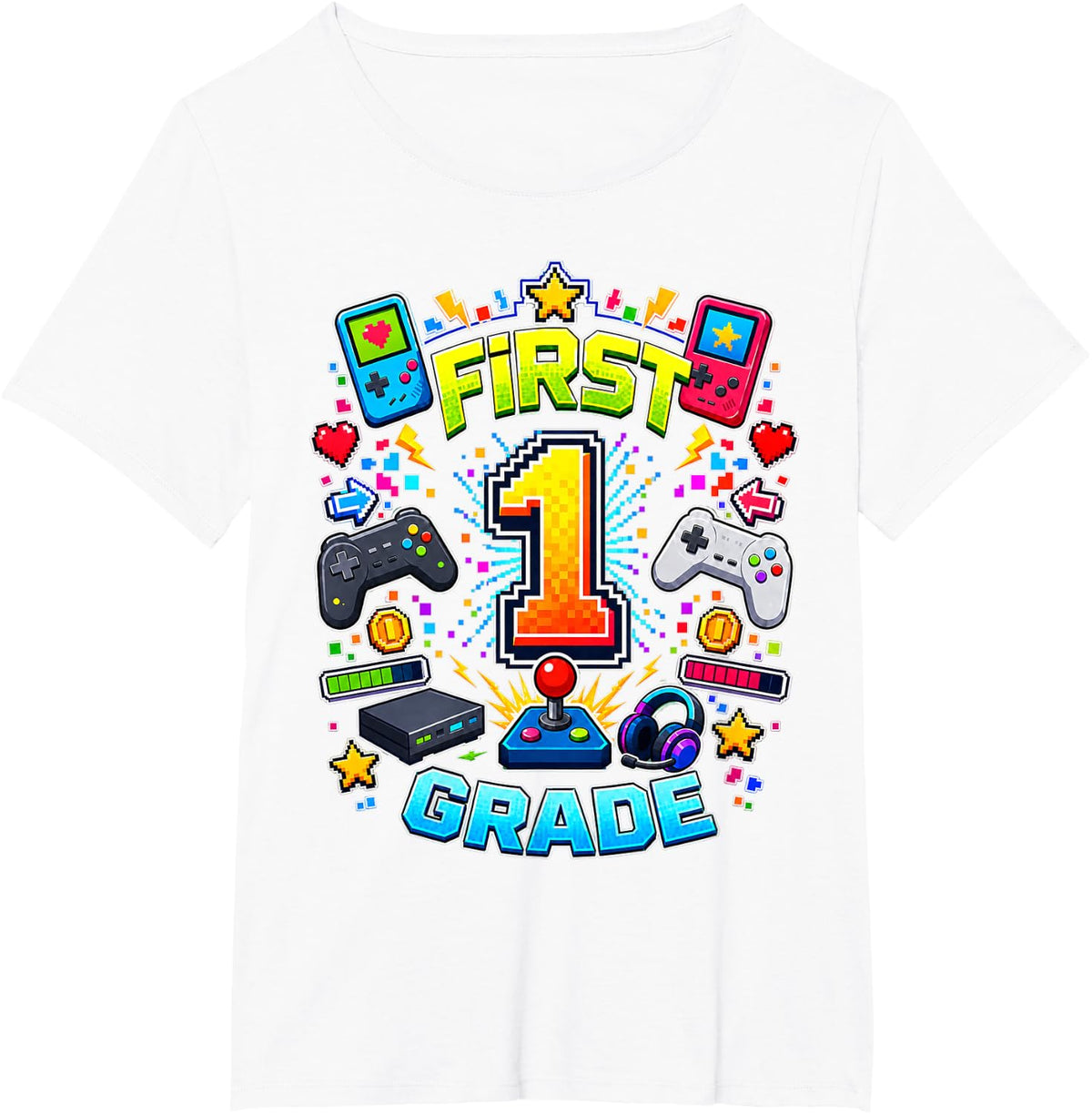 Colorful First Grade Gamer T-Shirt - White