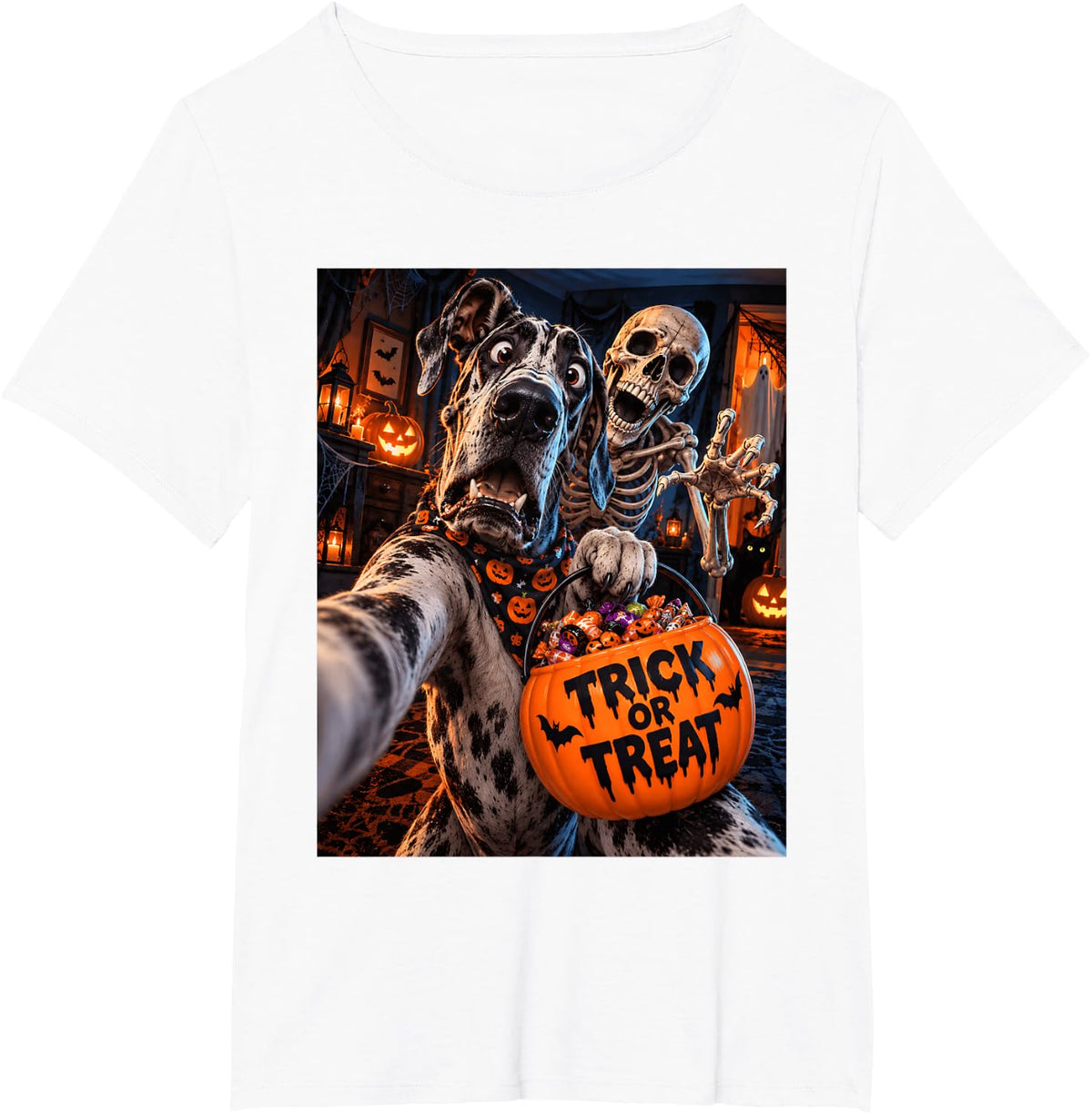 Trick Or Treat Halloween Great Dane Scary Skeleton Selfie T-Shirt - White