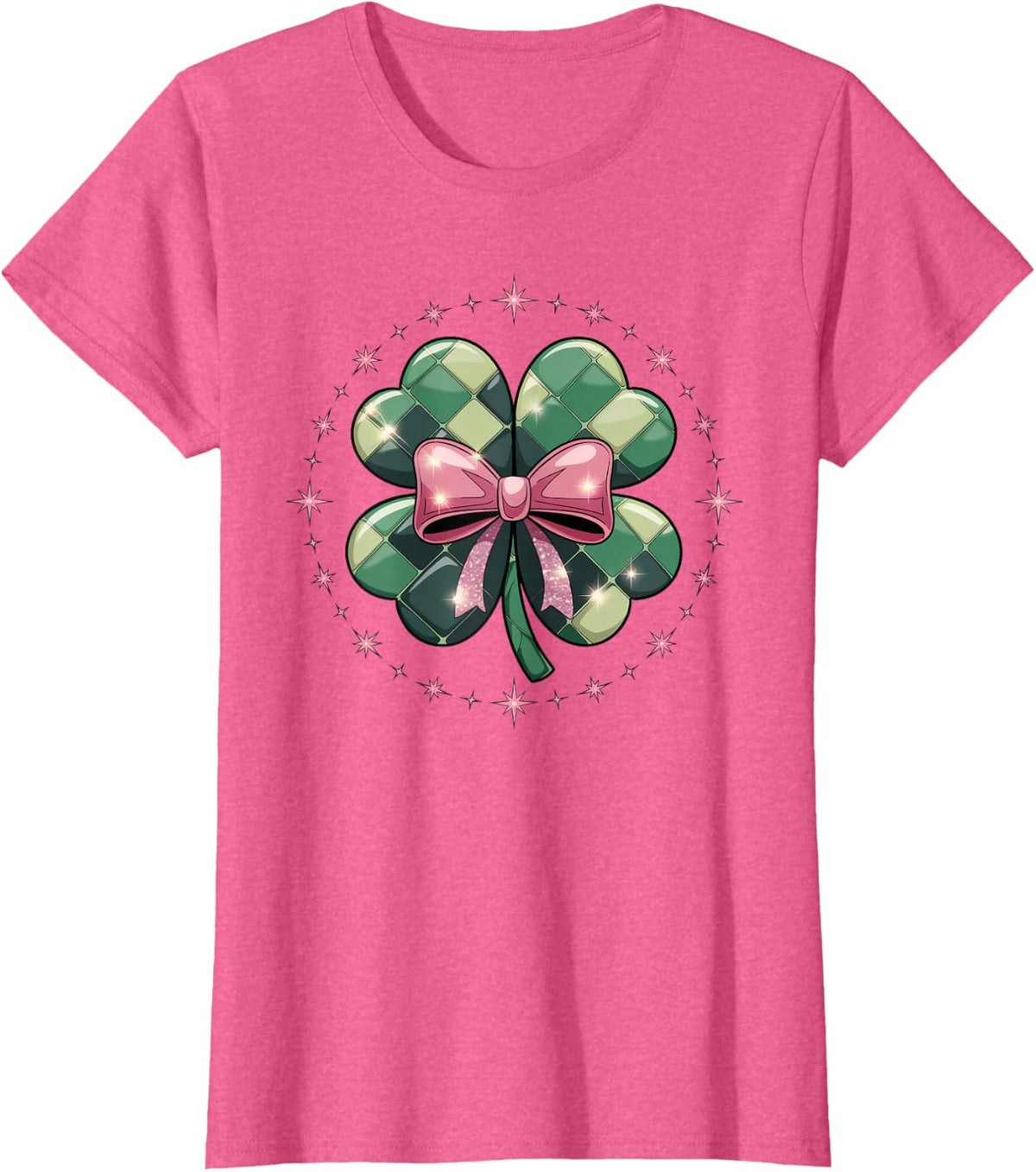 Lucky Clover Pink Bow Aesthetic Womens St Patrick's Day T-Shirt - Pink Heather
