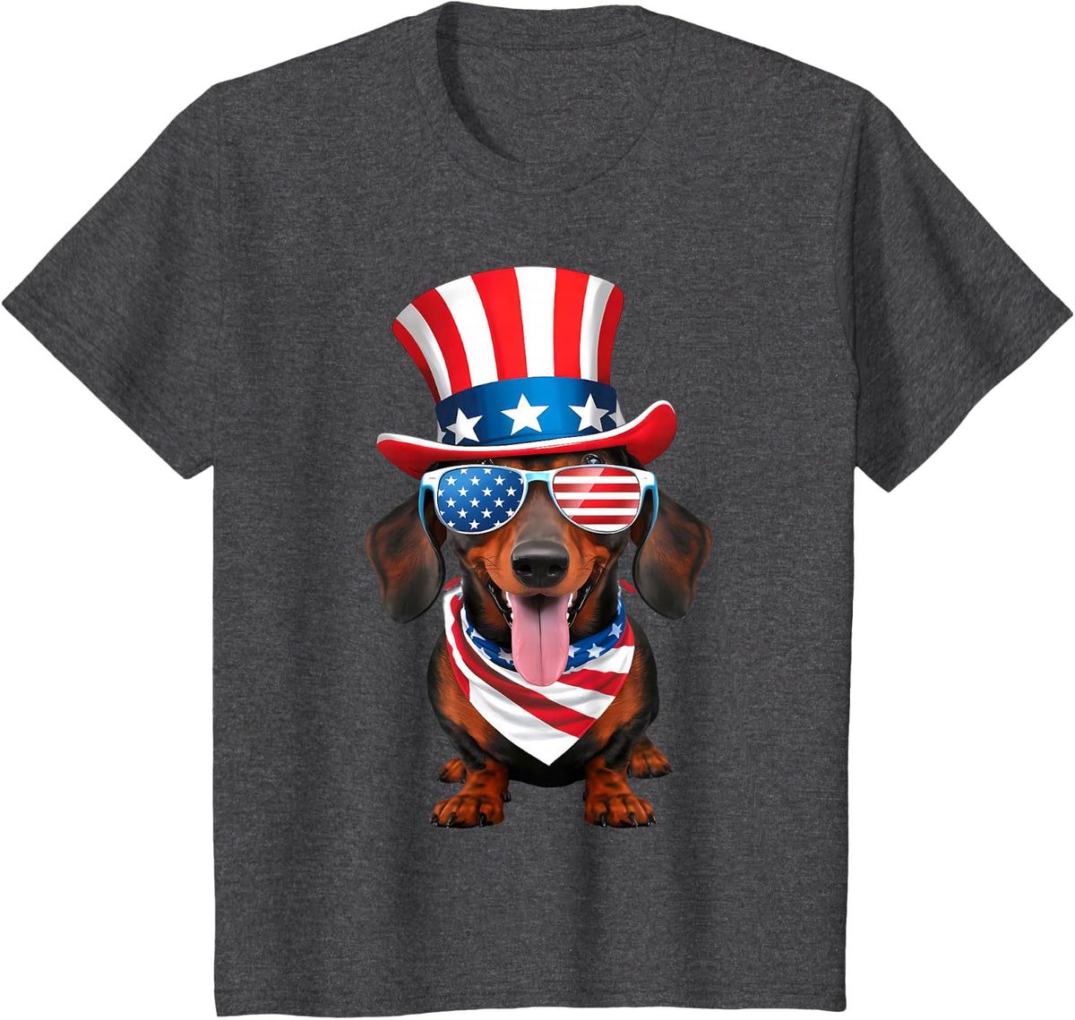 Dachshund Dog American Flag Glasses Hat 4th of July T-Shirt - Dark Heather Grey