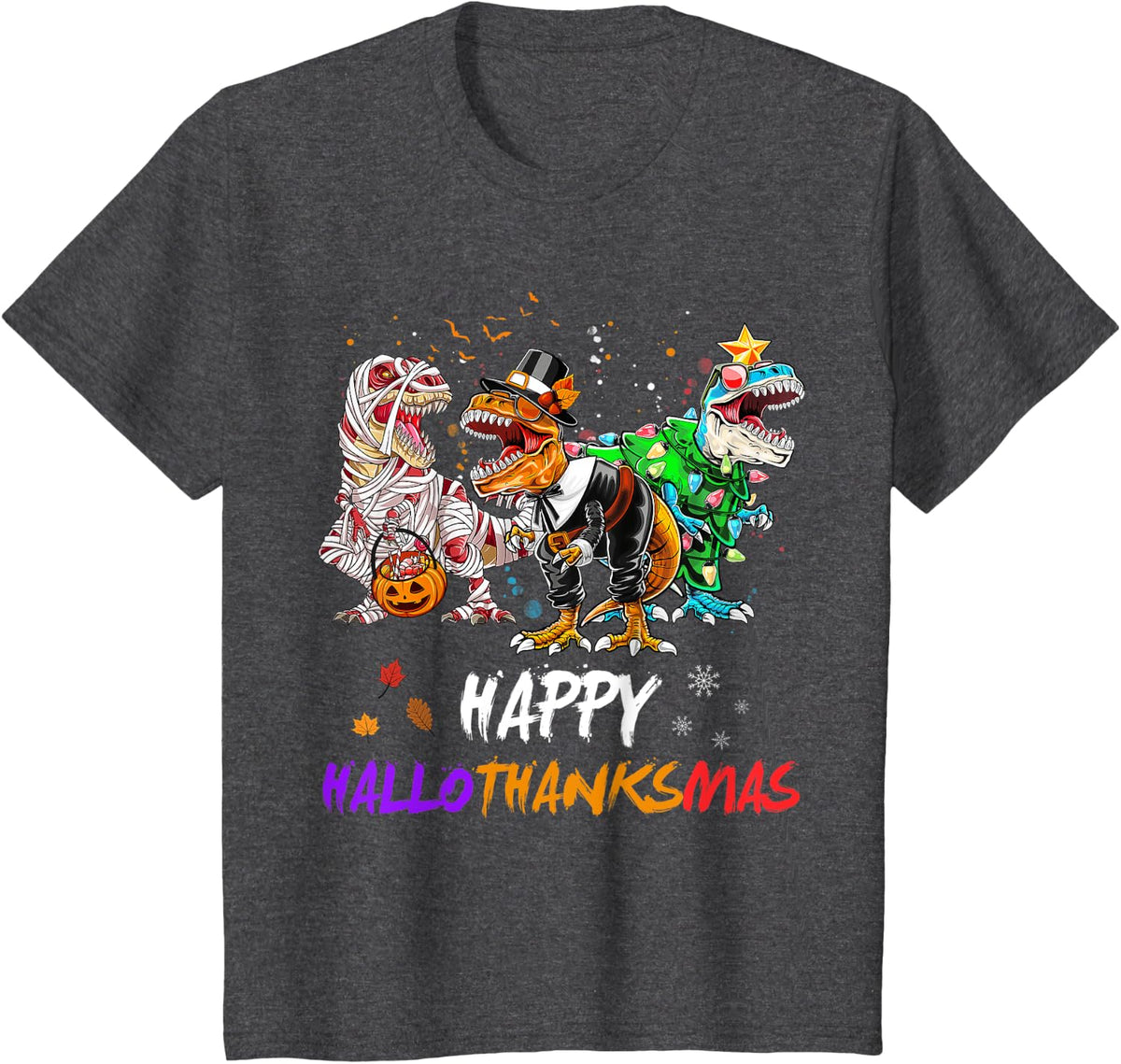 Dinosaur T Rex Happy Hallothanksmas Halloween Kids Boys T-Shirt - Dark Heather Grey