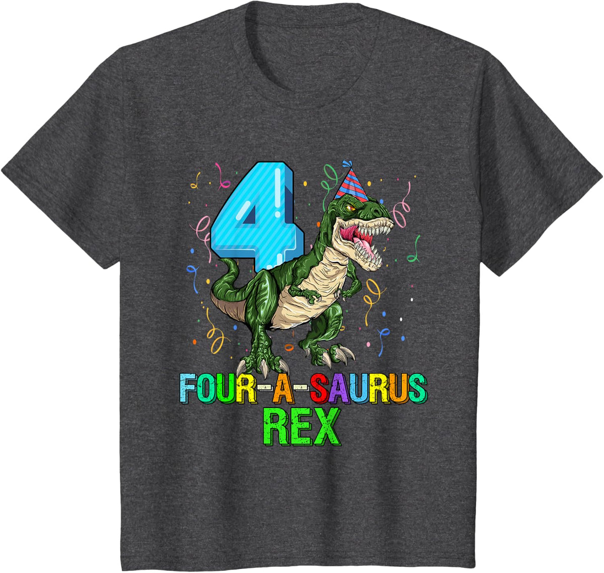 Kids 4 Year Old Boy 4th Birthday Dinosaur Gift Fourasaurus T-Shirt - Dark Heather Grey