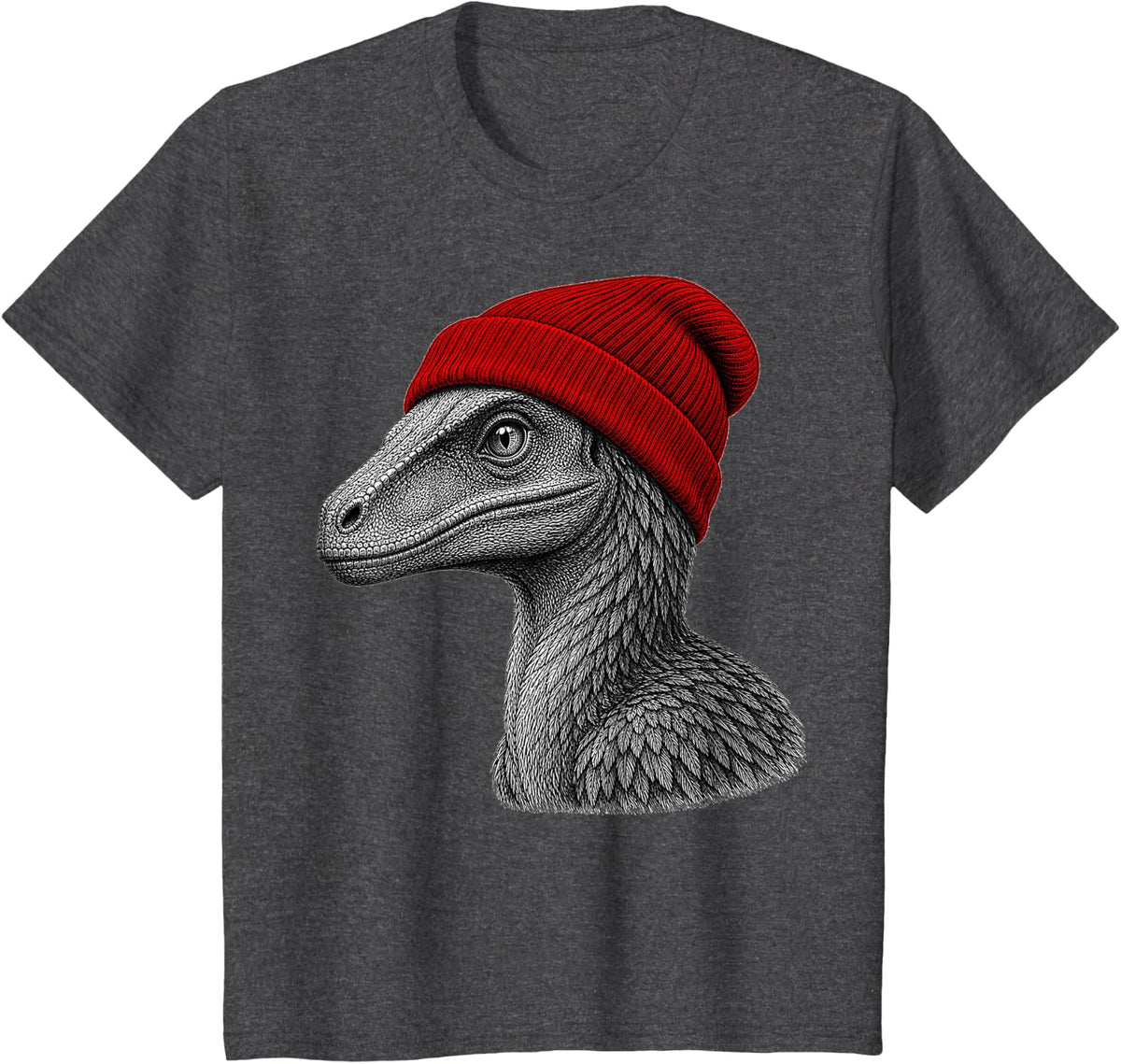 Velociraptor Wearing Beanie Funny Chill Dinosaur Lover T-Shirt - Dark Heather Grey