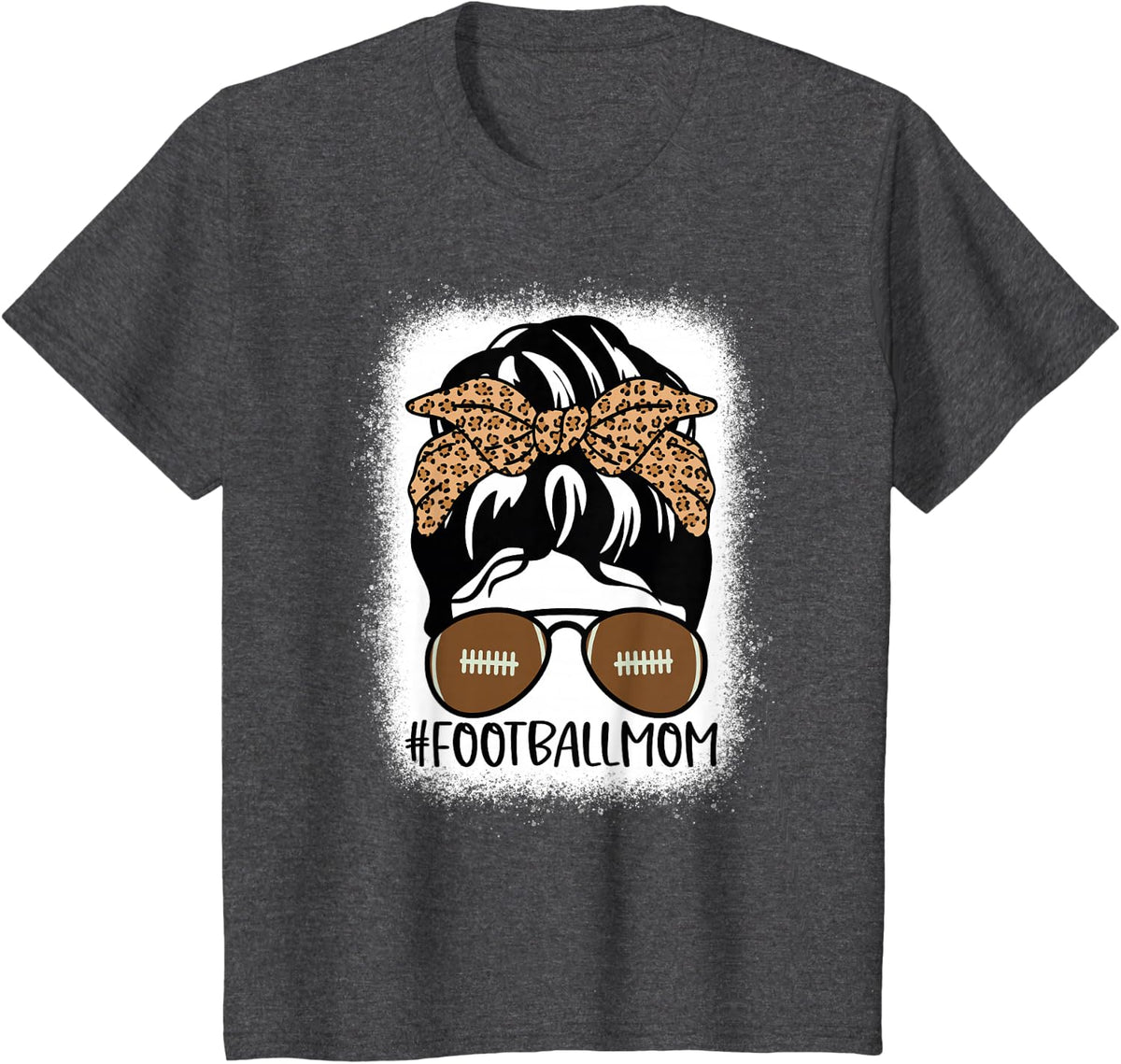 Bleached Football Mom Life with Leopard and Messy Bun Player T-Shirt - Dark Heather Grey