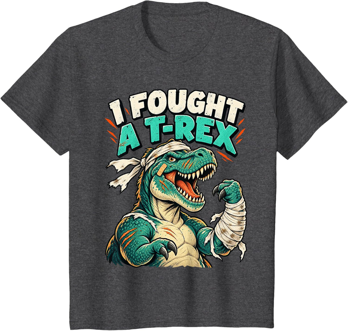 I Fought A T Rex Funny Dinosaur Survivor T-Shirt - Dark Heather Grey