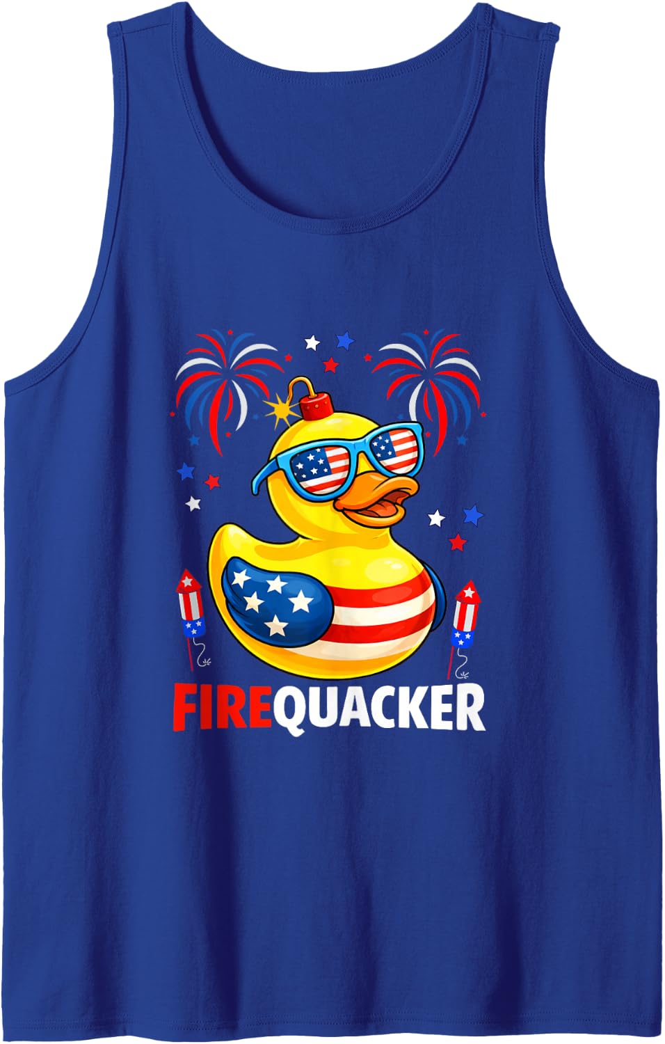 Firequacker 4th of July US Flag Duck Sunglasses Fireworks Tank Top - Royal Blue