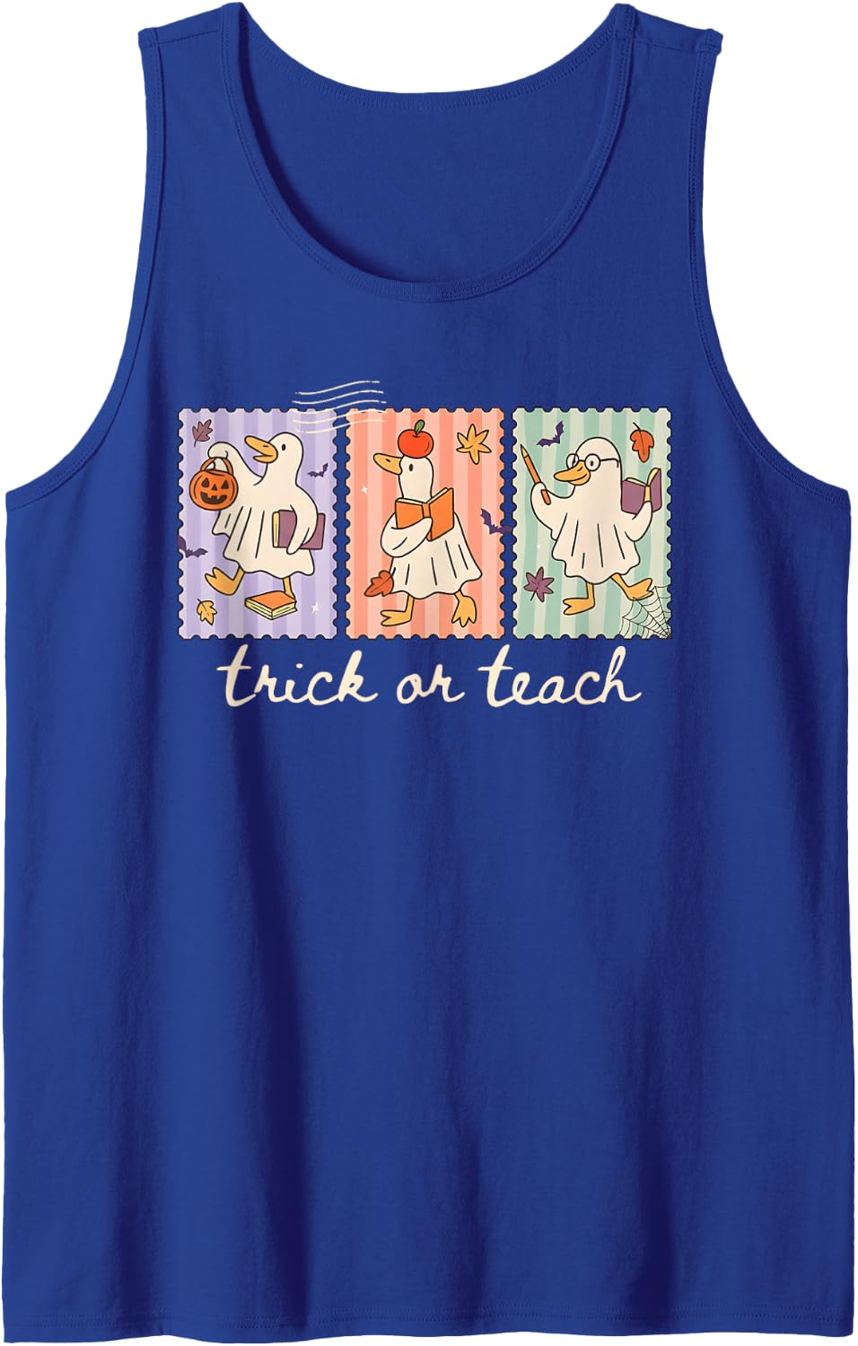 Striped Trick Or Teach Cute Ghost Goose Halloween Teacher Sleeveless Tank Top - Royal Blue