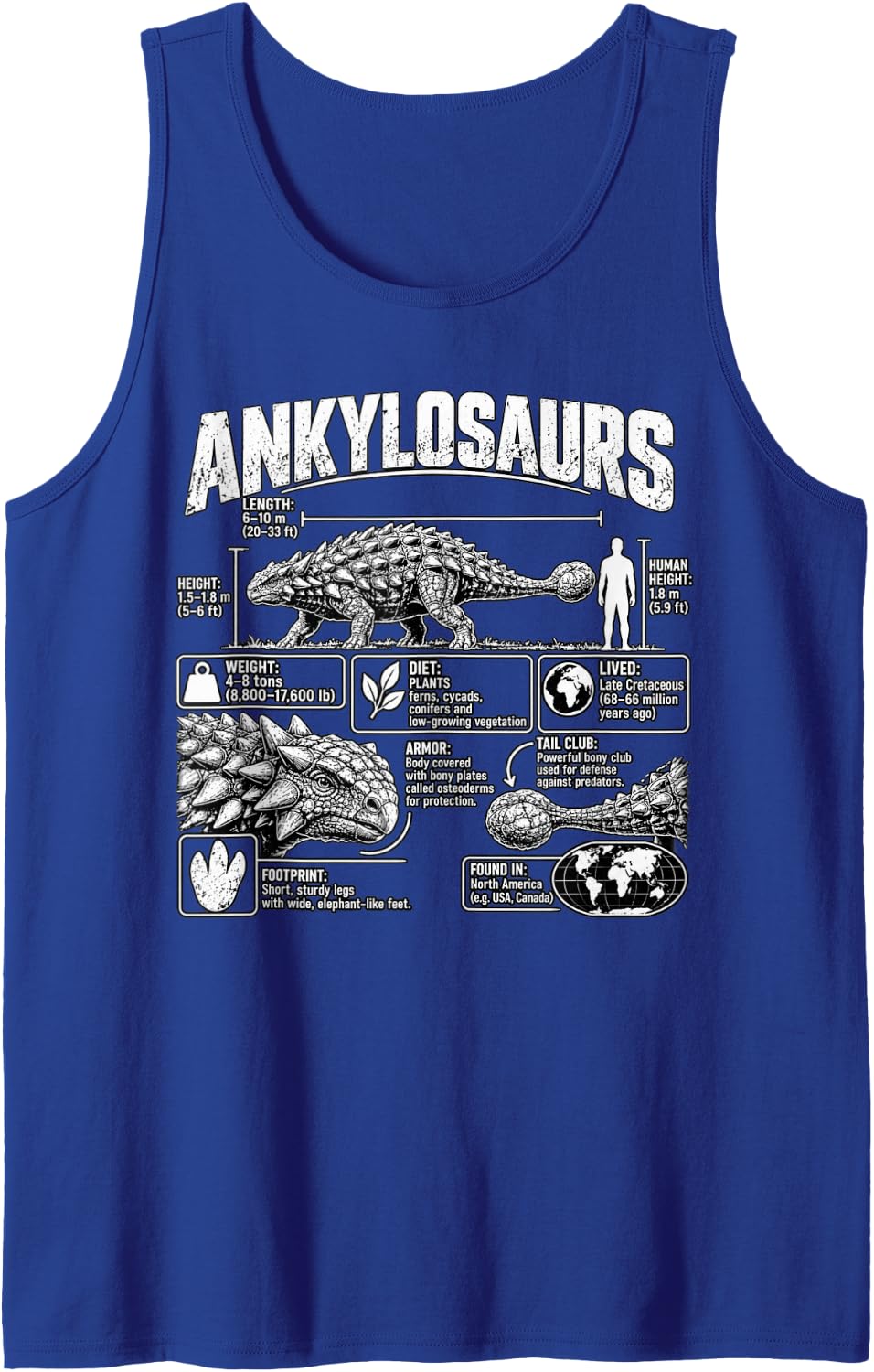 Ankylosaurus Dinosaur Infographic Paleontology Field Guide Sleeveless Tank Top - Royal Blue