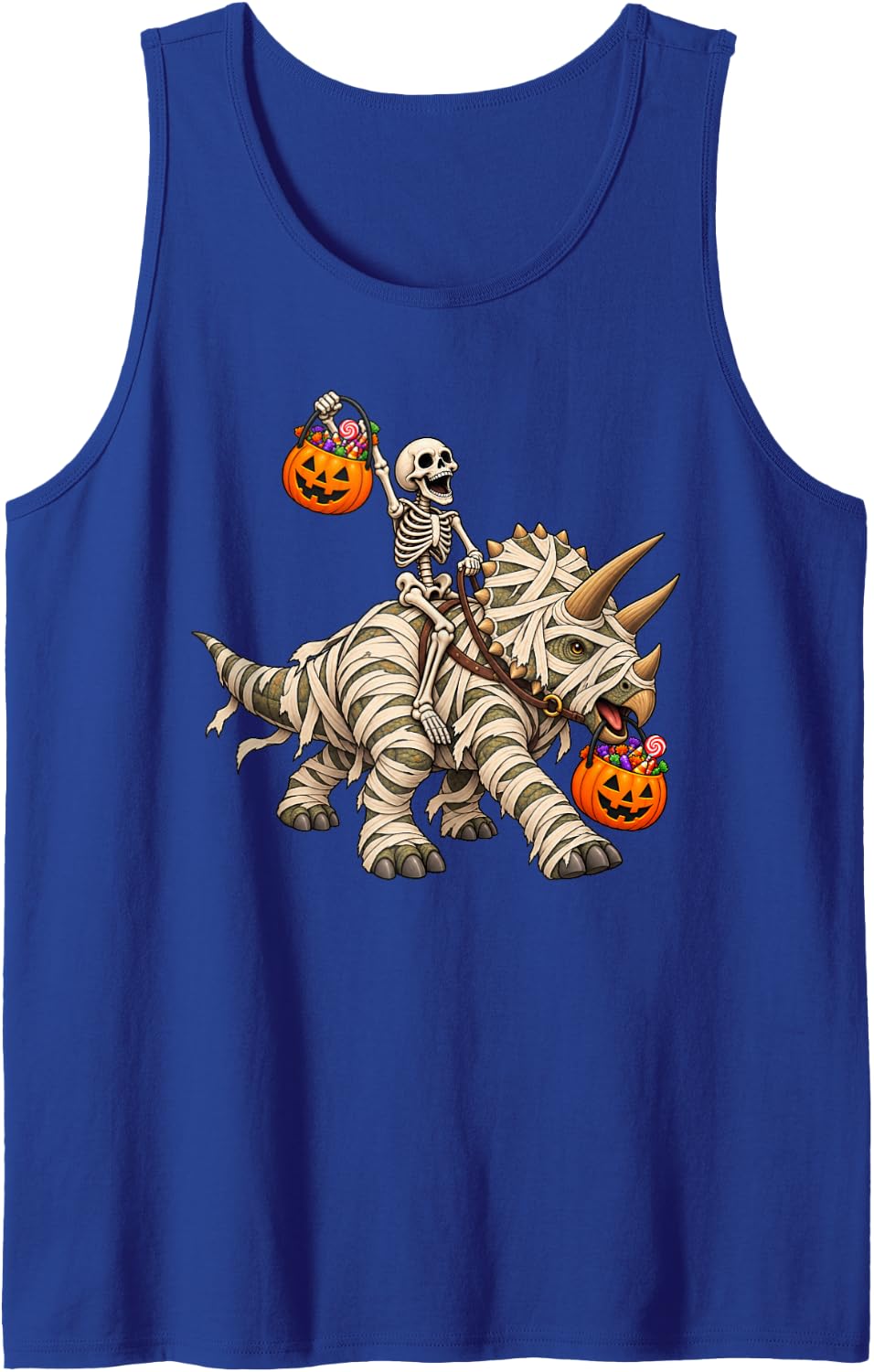 Skeleton Riding Mummy Triceratops Dinosaur Funny Halloween Sleeveless Tank Top - Royal Blue