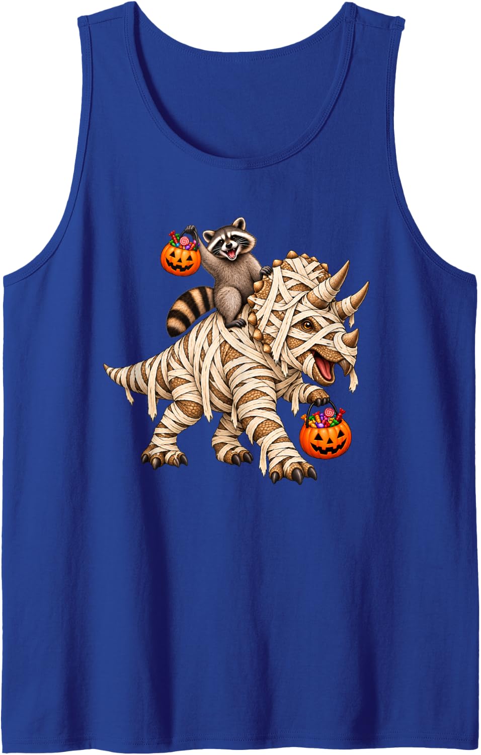 Raccoon Riding Mummy Triceratops Dinosaur Funny Halloween Sleeveless Tank Top - Royal Blue