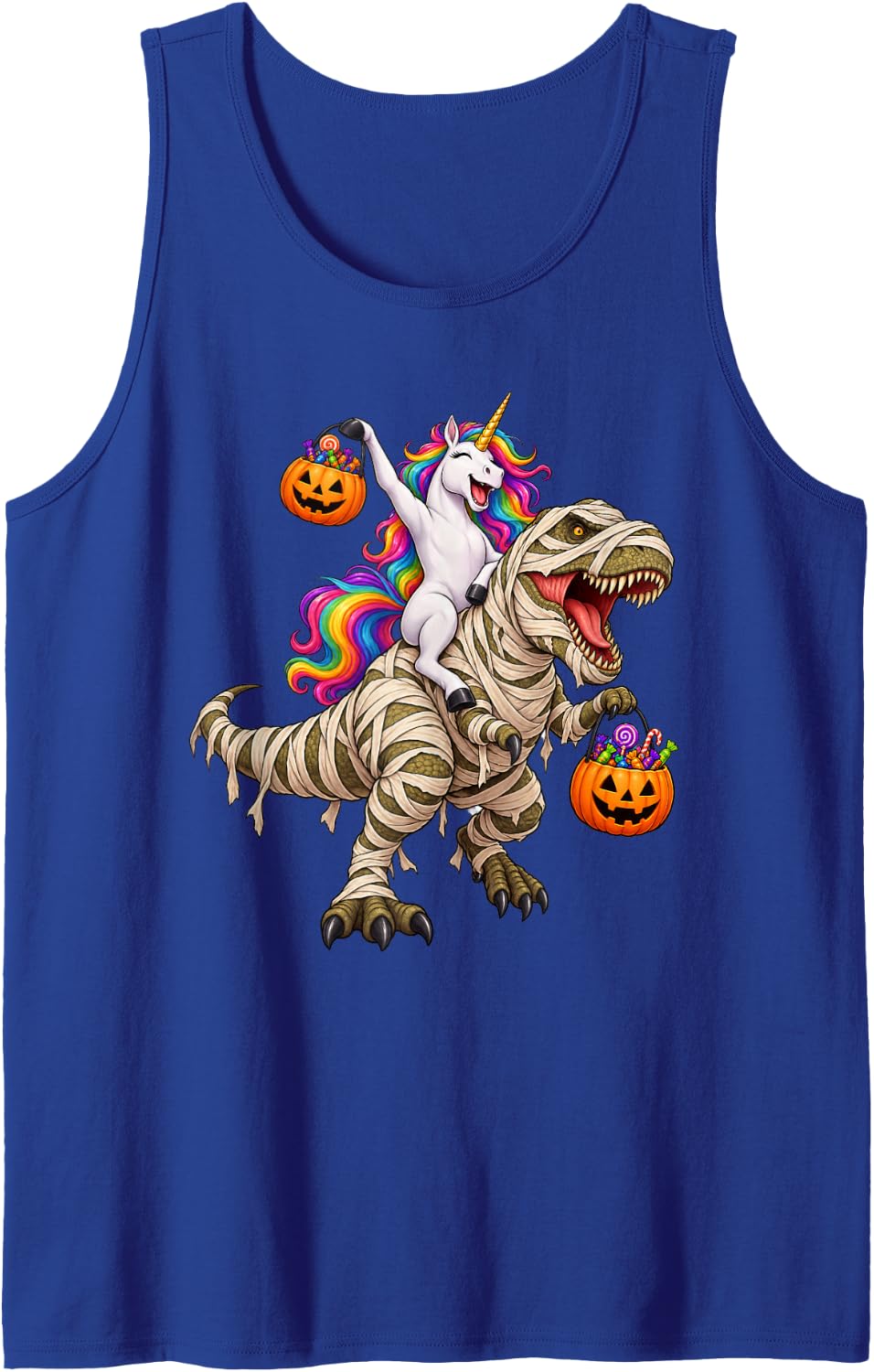 Unicorn Riding Mummy T-Rex Dinosaur Funny Halloween Sleeveless Tank Top - Royal Blue