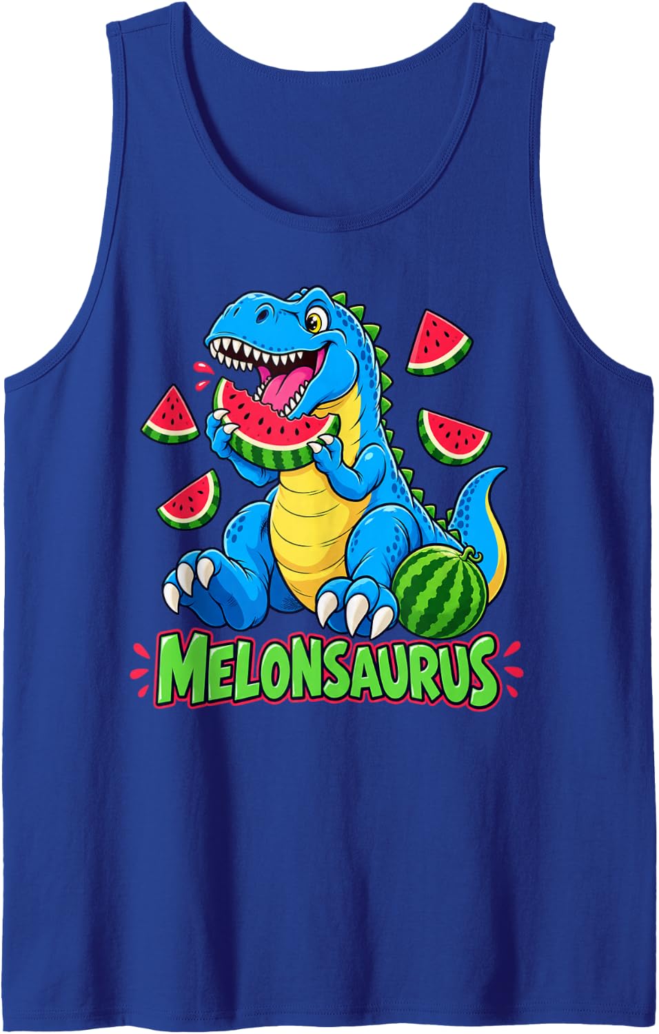 Melonsaurus T-Rex Dinosaur Eating Watermelon Sleeveless Tank Top - Royal Blue