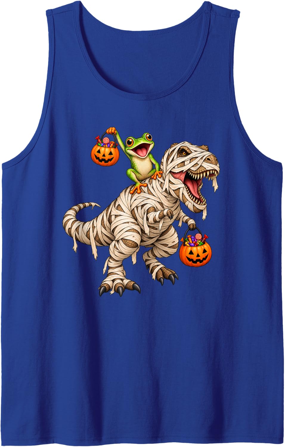 Frog Riding Mummy T-Rex Dinosaur Funny Halloween Sleeveless Tank Top - Royal Blue
